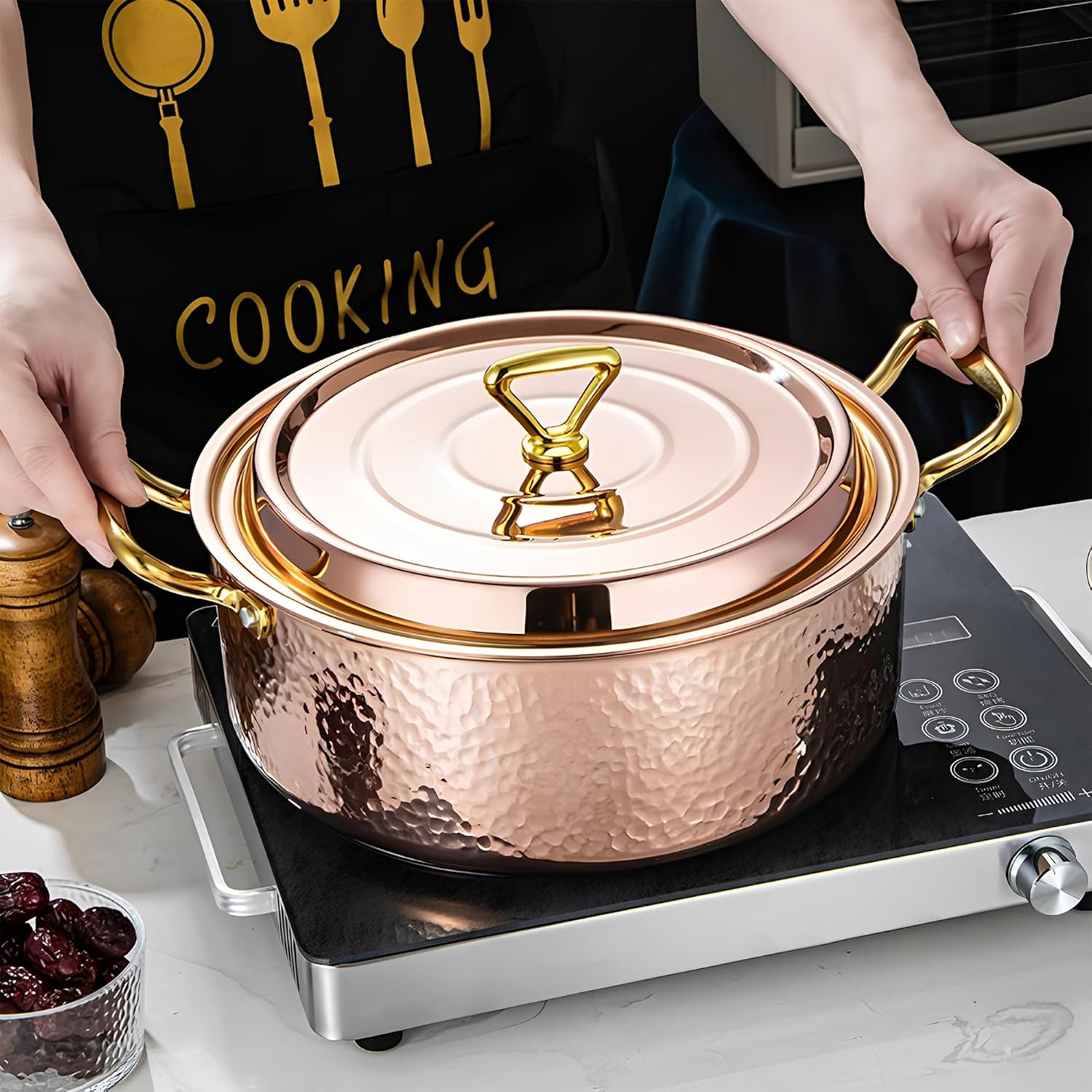 YJX 4.2QT Hammered Stock Pot with Lid, Copper Rose Gold, Tri-Ply Stainless Steel, Multi-Functional Cookware for Bake Roast Braise Saute, Magnetic Base, Dishwasher and Oven Safe (26CM)