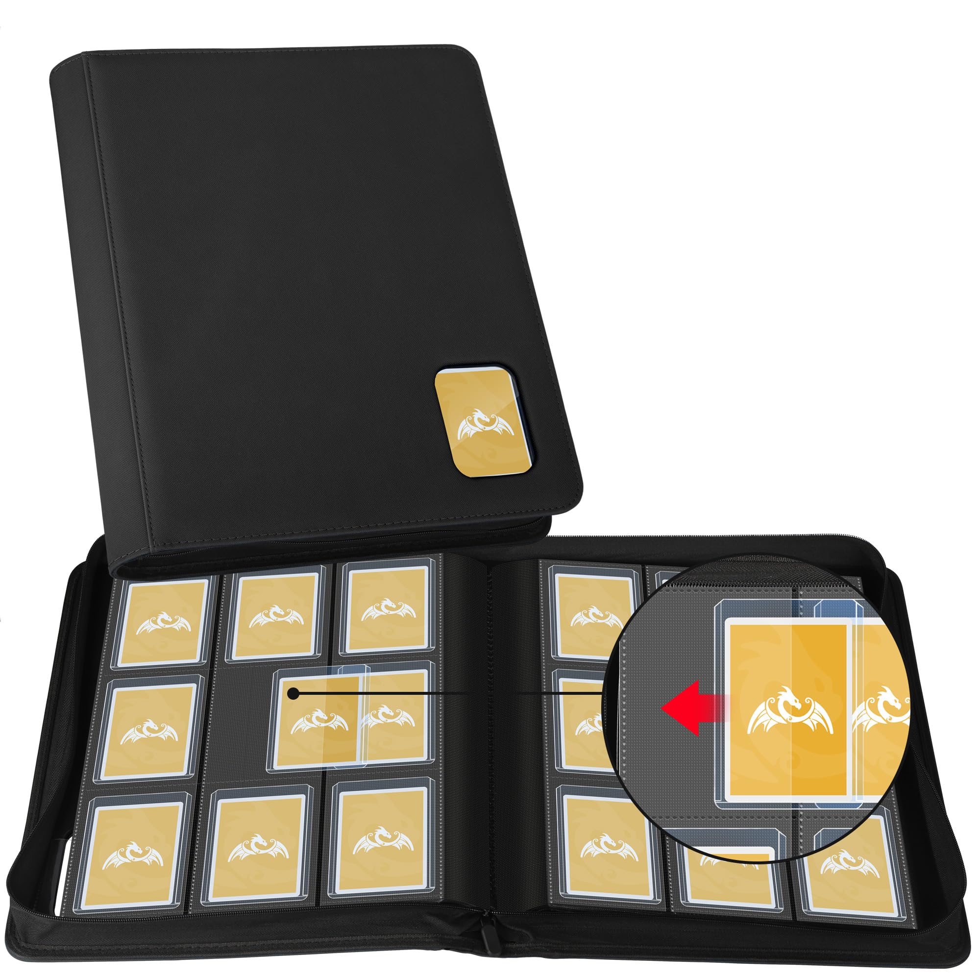 TCGPRO Toploader Binder mit Sichtfenster für 360 Karten in 3"x4" Rigid Hüllen, Toploader Album mit 9 seitliche Pocket und Reißverschluss, kompatibel mit MTG, TCG, Sports Cards etc. Schwarz
