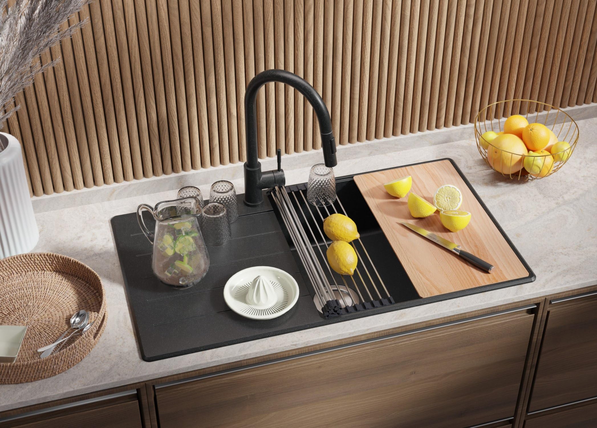 PRIMAGRAN Evier Cuisine en Granit au Meuble 60cm + Kit de Vidage, 90x50cm