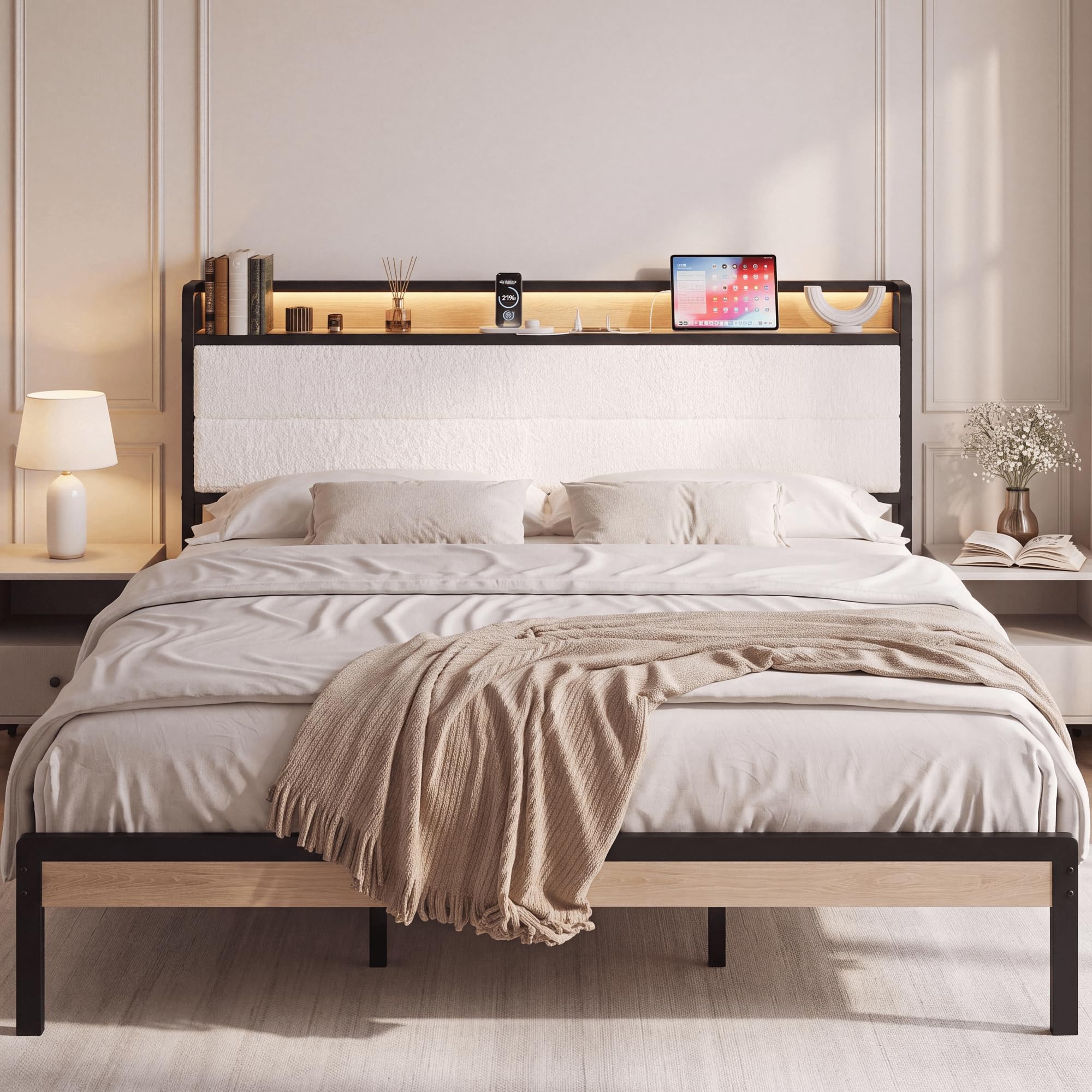LIKIMIO California King Bed Frame with Headboard, LED and Charging Station