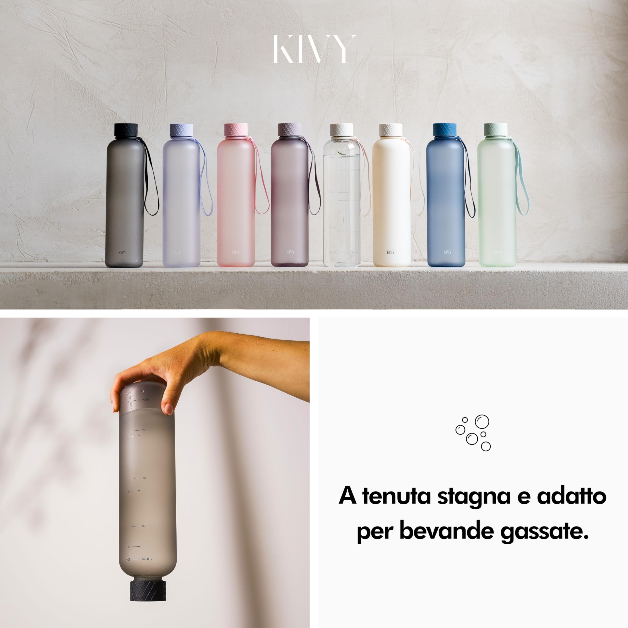KIVY Borraccia 1 litro - Antigoccia e Antiurto – Perfetta per Sport, Scuola e Ufficio - Borraccia Palestra - Bottiglia 1 Litro - Bottiglia Acqua - Plastica Borracce Sportiva 1l - Senza BPA - Cenere