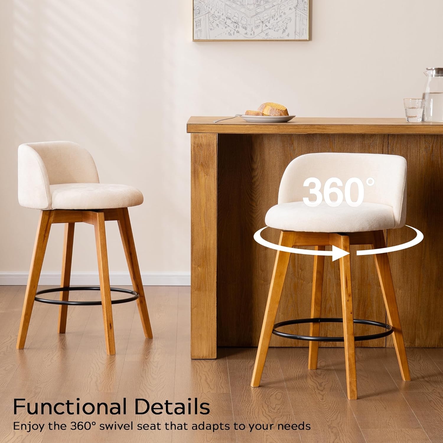 26" Counter Height Bar Stools Set of 2 Mid Century Modern Farmhouse Swivel Barstools Chenille Fabric Upholstered Bar Height Island Chairs with Curved Backrest for Kitchen Island, Beige