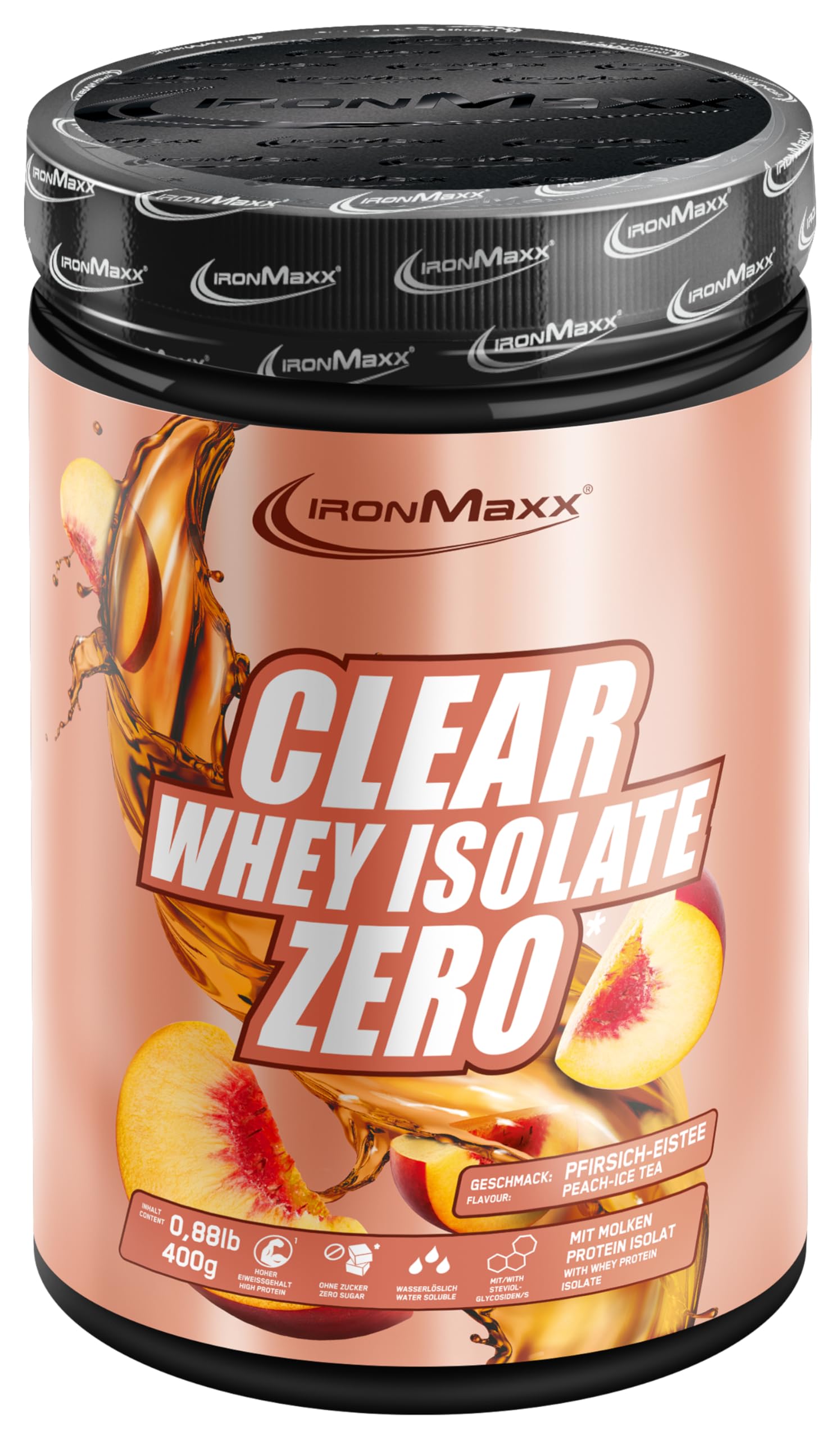 IronMaxx Clear Whey Isolate Zero - Peach Ice Tea 400g Dose | Klarer Molkenprotein-Isolat ohne Zucker | Laktosefreies Clear Protein | Protein Limonade mit fruchtig-erfrischendem Geschmack