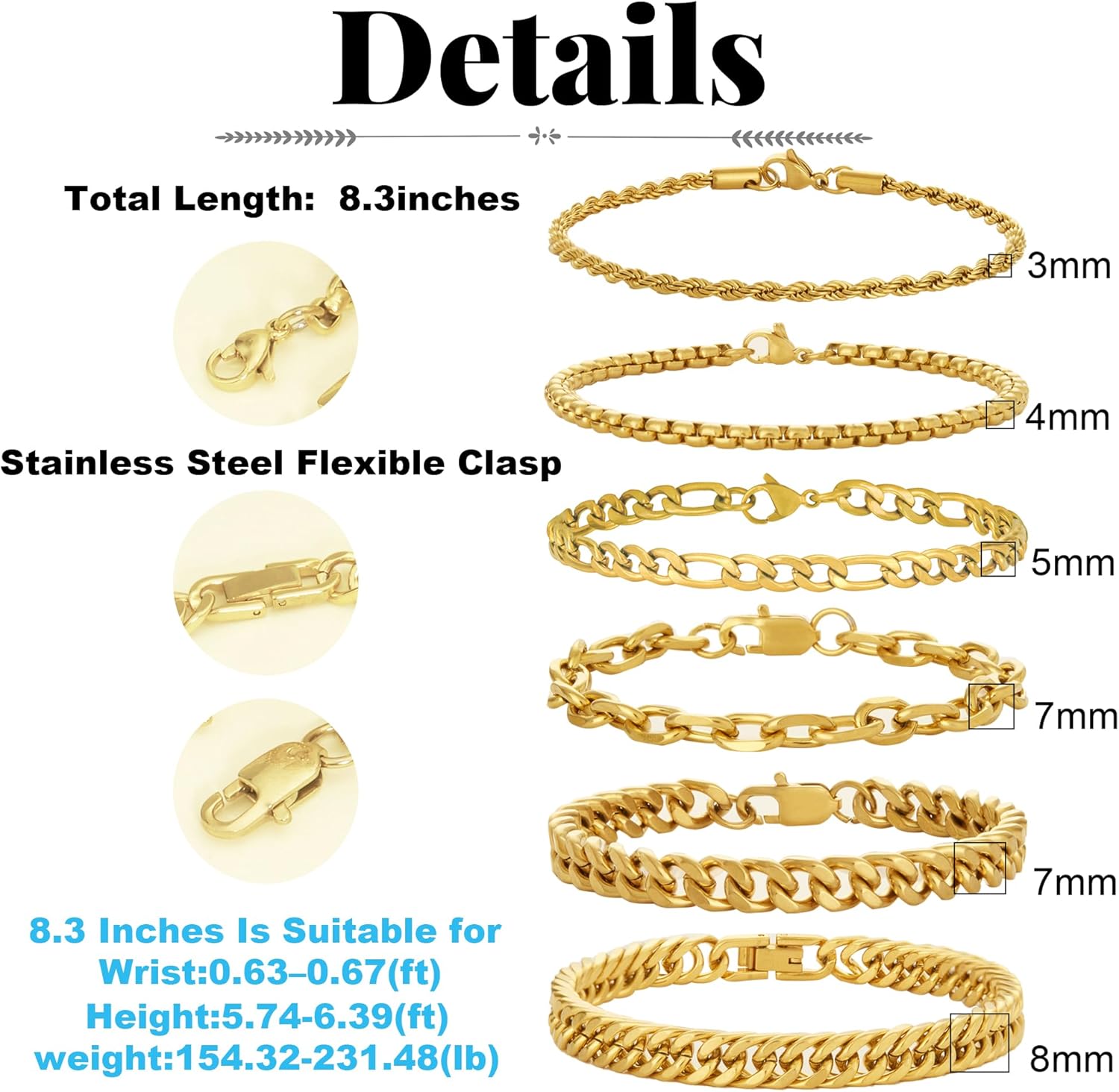 XIANNVXI 6pcs Stainless Steel Bracelets for Men Women Silver/Gold/Black Cuban Link Rope Paperclip Chain Bracelets Set 6.5/7/7.5/8.3/9 Inches Metal Bracelet Mens Fashion Accessories Jewelry Set - Image 3