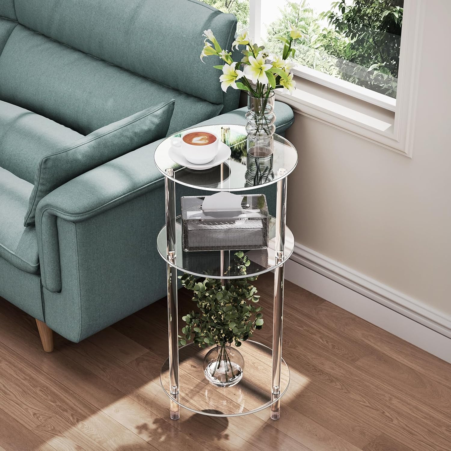 Clear Round Acrylic Side Table for Small Spaces, 11.81" L x 11.81" W x 24.6" H, 3 Tier Small Modern Drink End Table Nightstand, Minimalist Bedside Table for Living Room, Bedroom, Bathroom