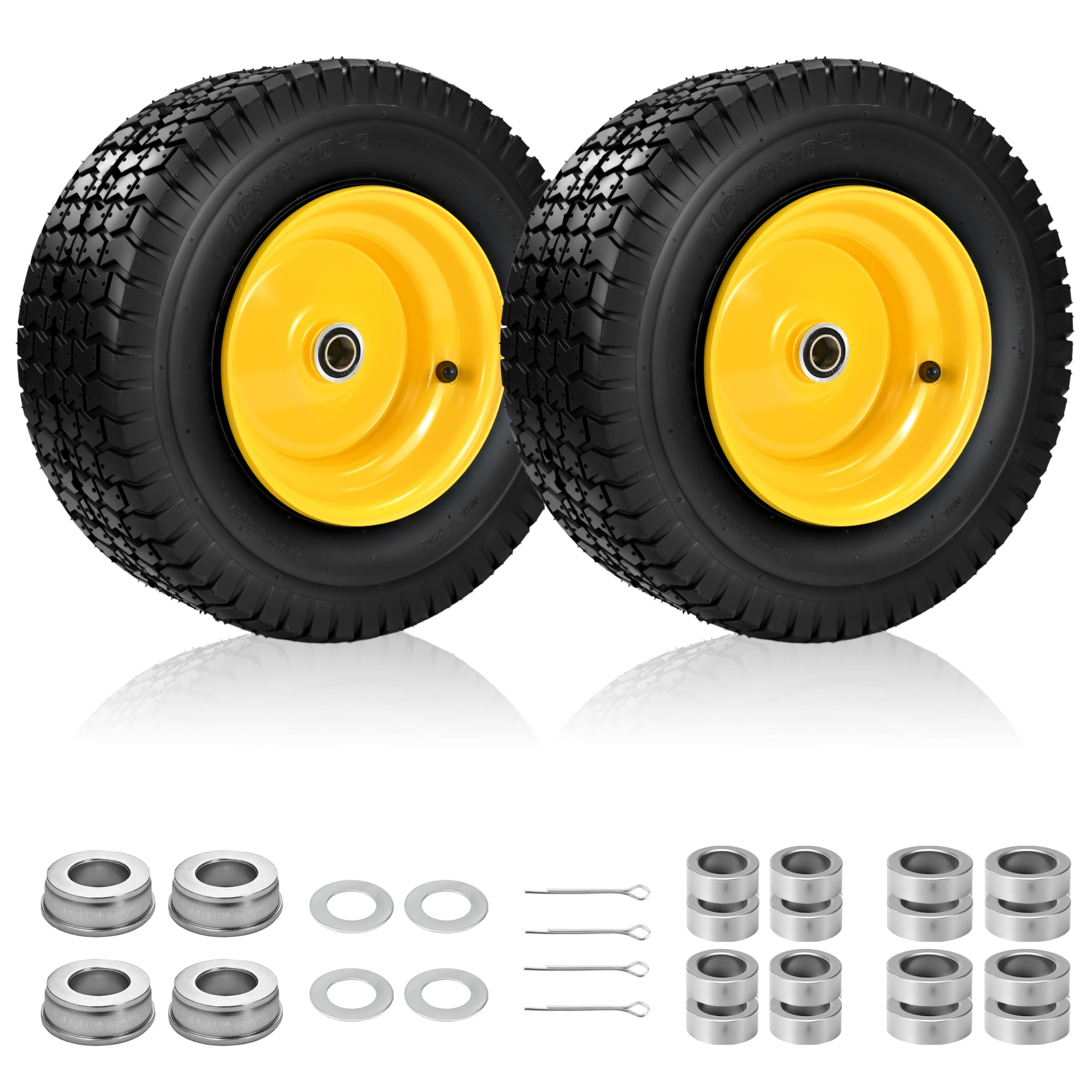 2 pcs 16x6.50-8 inches tubeless lawn mower tire and wheel, 16x6.5-8 air-filled replacement tires for riding mowers and lawn tractors, with 3/4" bearings & extra 1" bushings, 3"-5" offset hub, yellow rim