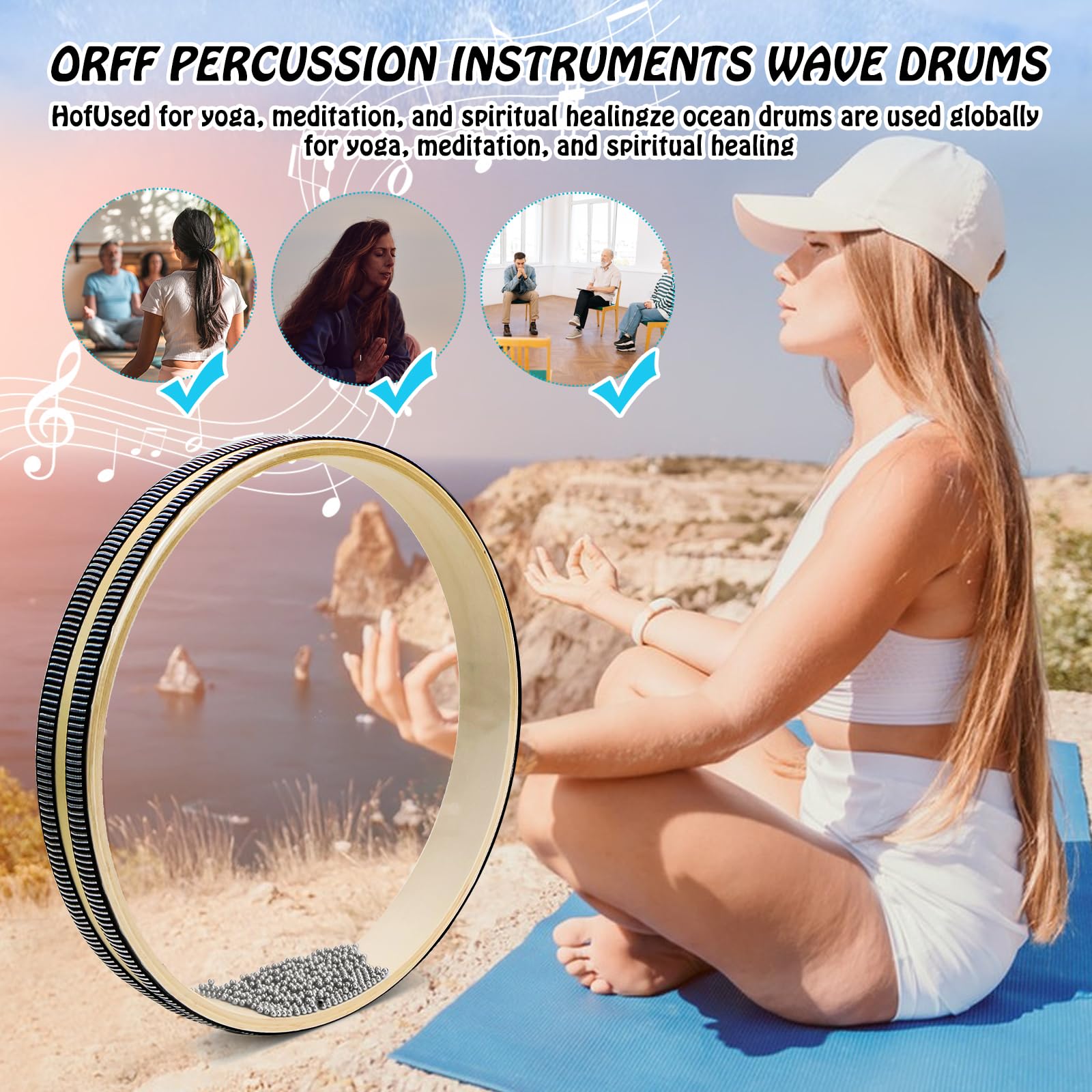 Wellentrommel 2 Stück, Ozeantromme, Trommel Ocean Drum mit Hartholzschale Stahlkugeln Musikinstrument Hand Percussion 10 Zoll, für Meditation & Entspan (10 zoll)