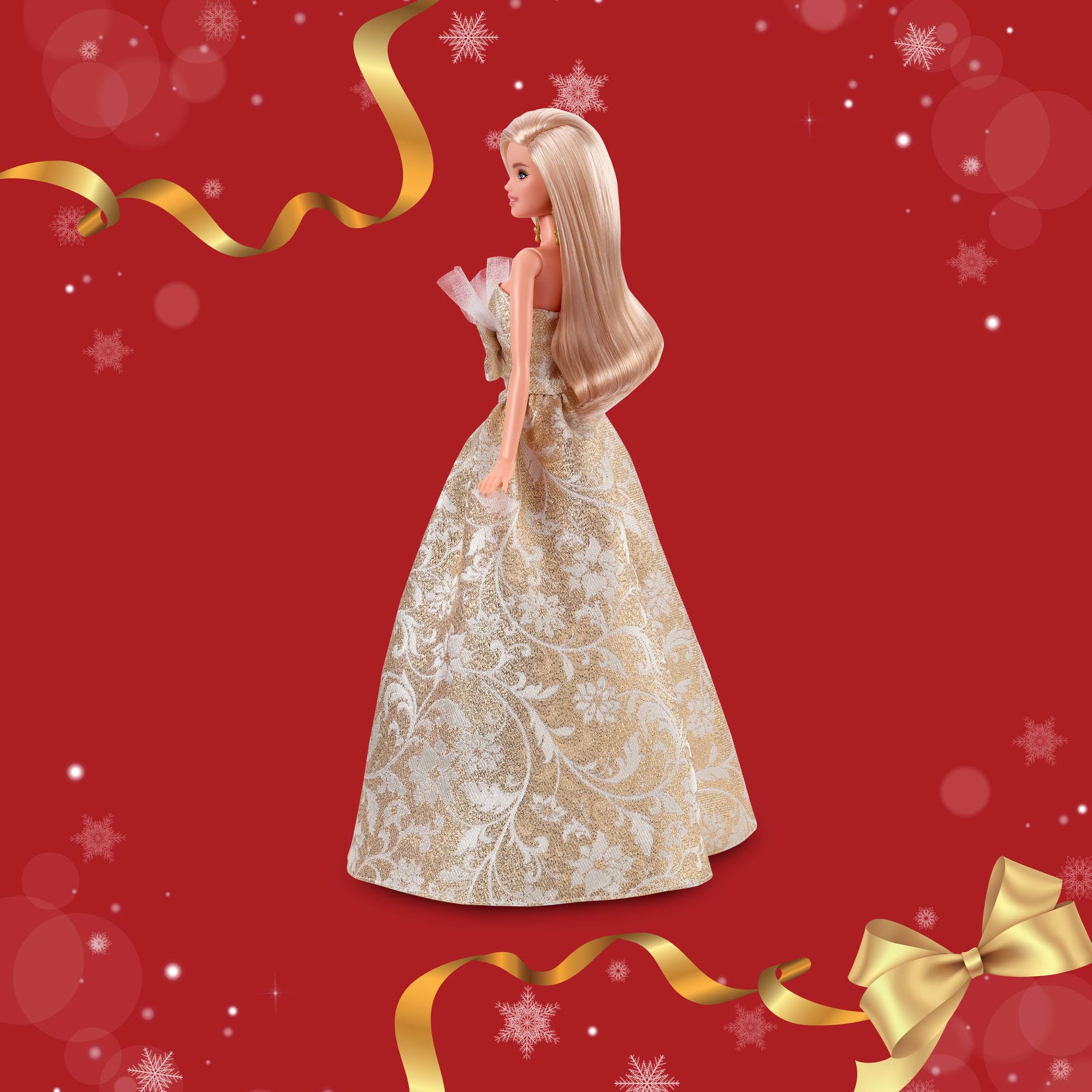 Barbie Poupée Barbie Joyeux Noël 2025, poupée Blonde emblématique Portant Une Robe Agent et Or, poupée Collector pour Les fêtes, avec Emballage de présentation et Socle, JBJ00