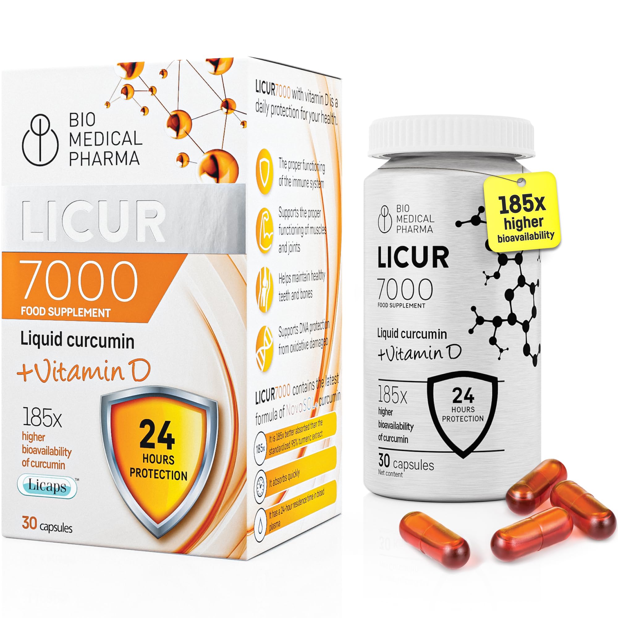Turmeric Curcumin with Vitamin D3 – 185x Higher Bioavailability – NovaSOL Liquid Curcumin – 1 Capsule Daily – Equals 6,600 mg of Turmeric Extract– Licur 7000 + Vitamin D (30 Capsules)
