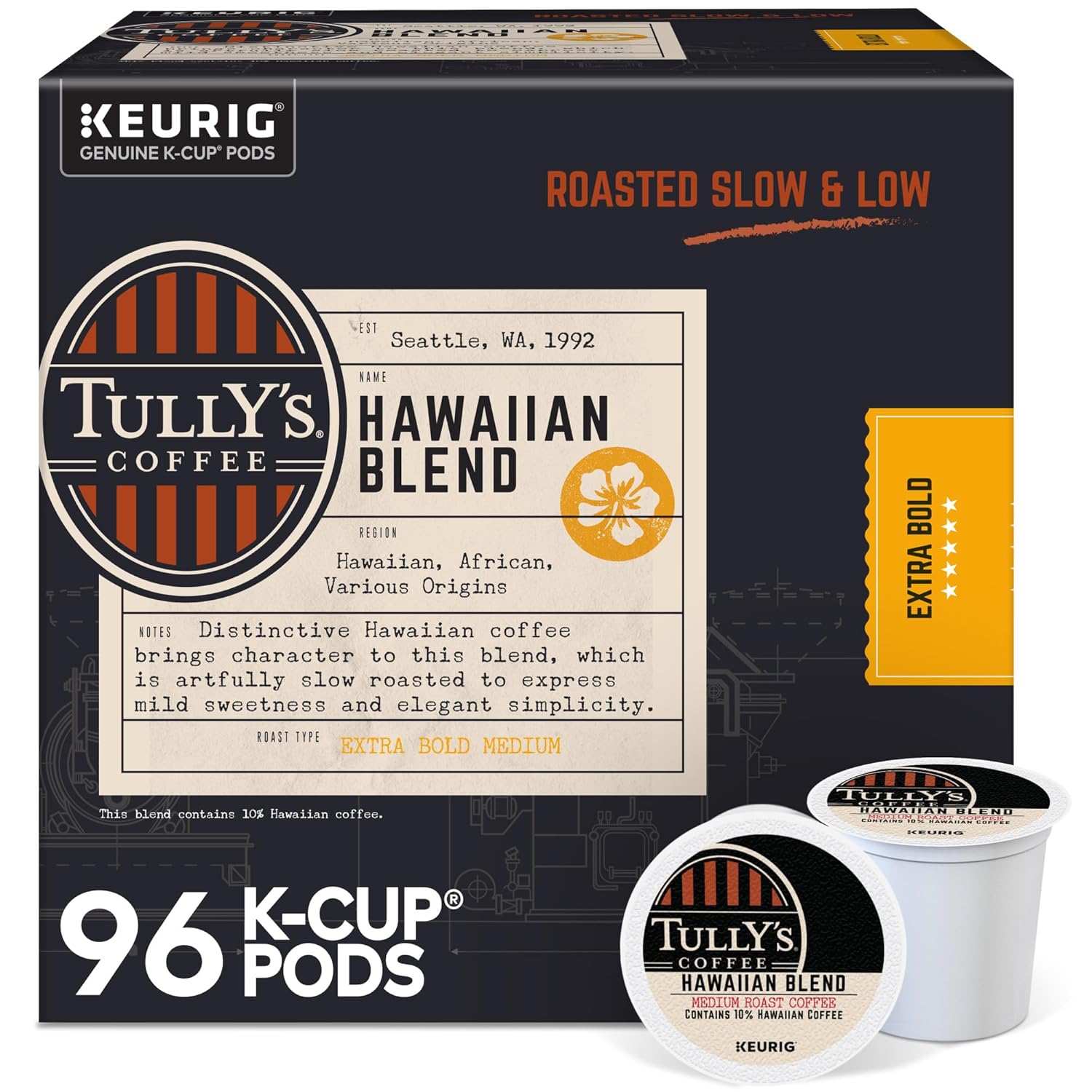 Tully’s Coffee Hawaiian Blend Keurig Single-Serve K-Cup Pods, Medium Roast Coffee, 96 Count