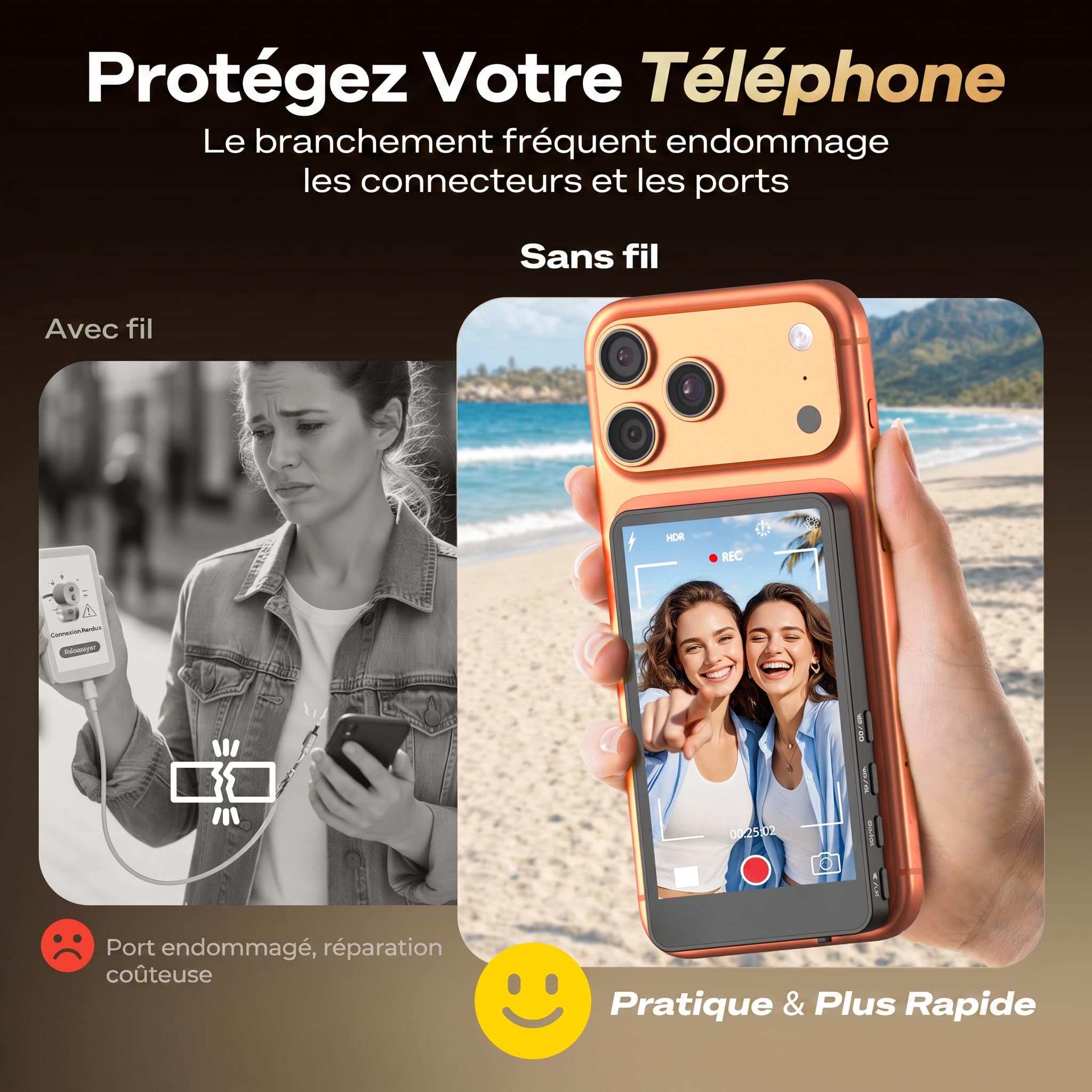 SYNCO XView Écran Moniteur Selfie pour iPhone 7-17 & Android (Noir) | Sans Fil 50m, Batterie 3H, Support 1080p, Latence 40ms, Retour Caméra Arrière, Haut-Parleur Intégré pour Vlog & YouTube