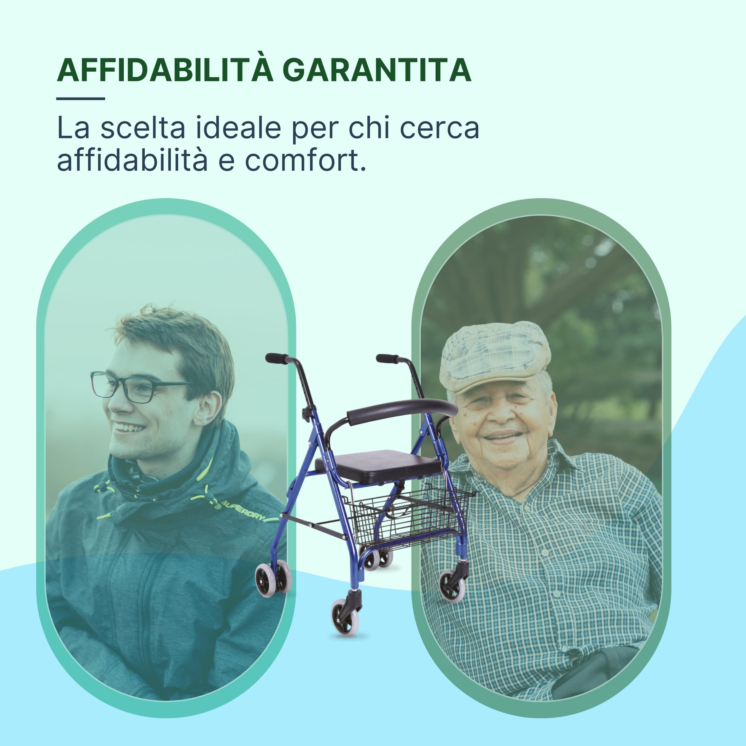 Rollator Deambulatore con Seduta per Anziani e Disabili con Freno a Pressione - Deambulatore per Anziani 4 Ruote Pieghevole con Cestino Porta Oggetti