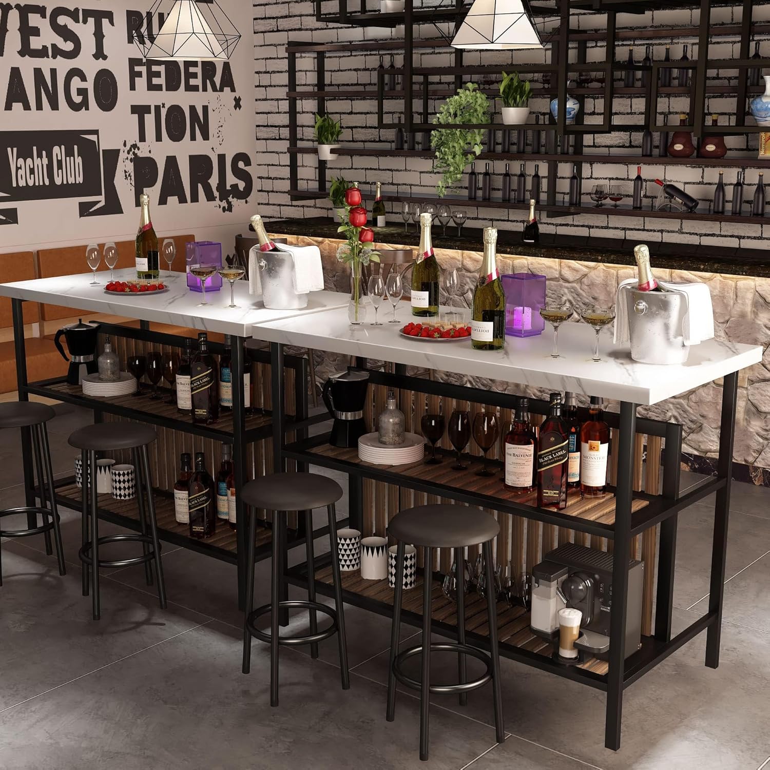 Recaceik 3 Piece Pub Set, Rectangular 2 Bar Stools, Faux Marble Dining Room Set of 2, Modern Counter Height Table with Storage, Kitchen Island with Seating, White