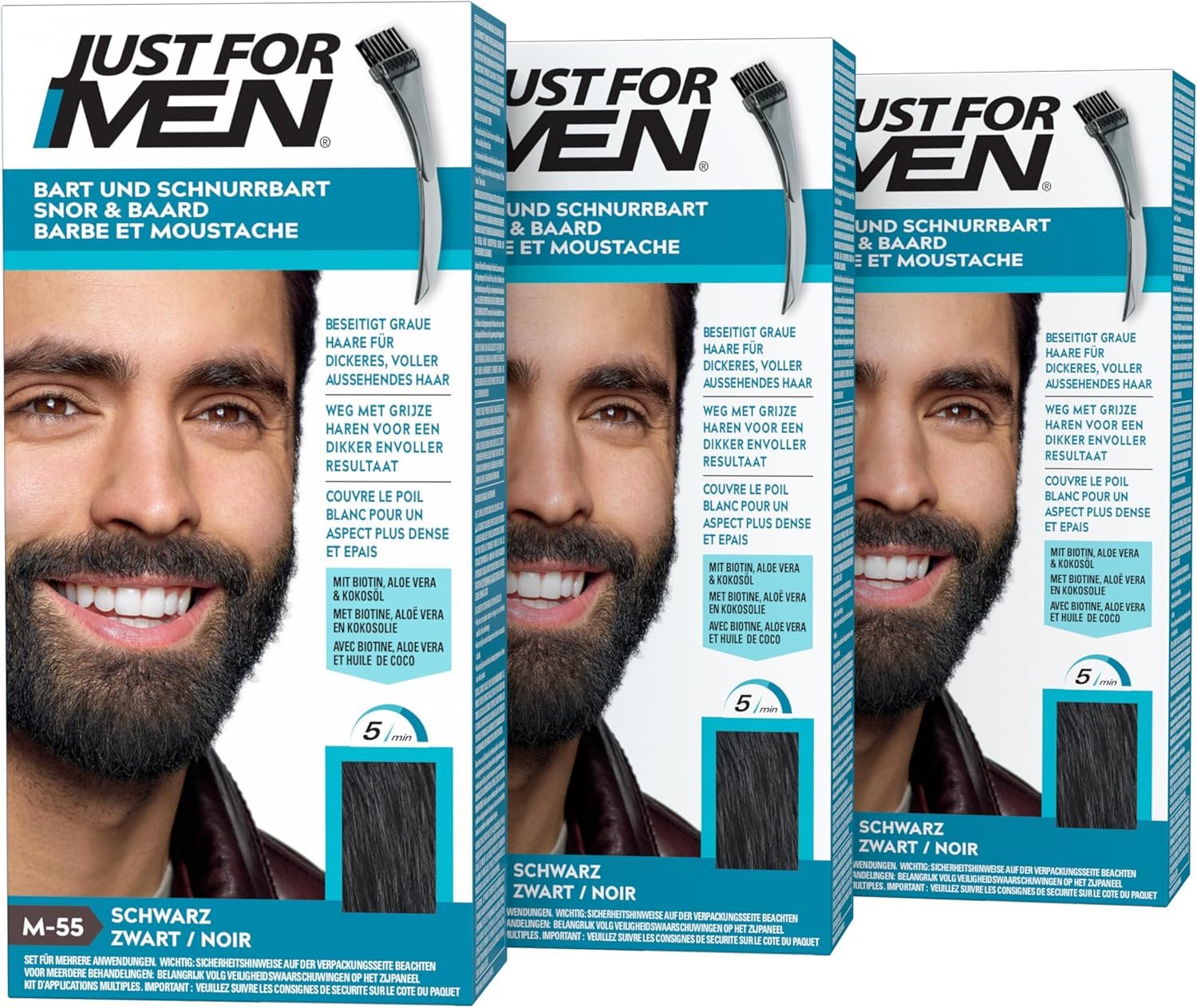 Just For Men Barbe & Moustache, coloration Barbe Homme, Naturel, Sans Ammoniaque, Élimine les Poils Gris, Avec Peigne Applicateur, Couleur Noir M55 - (3 pack)