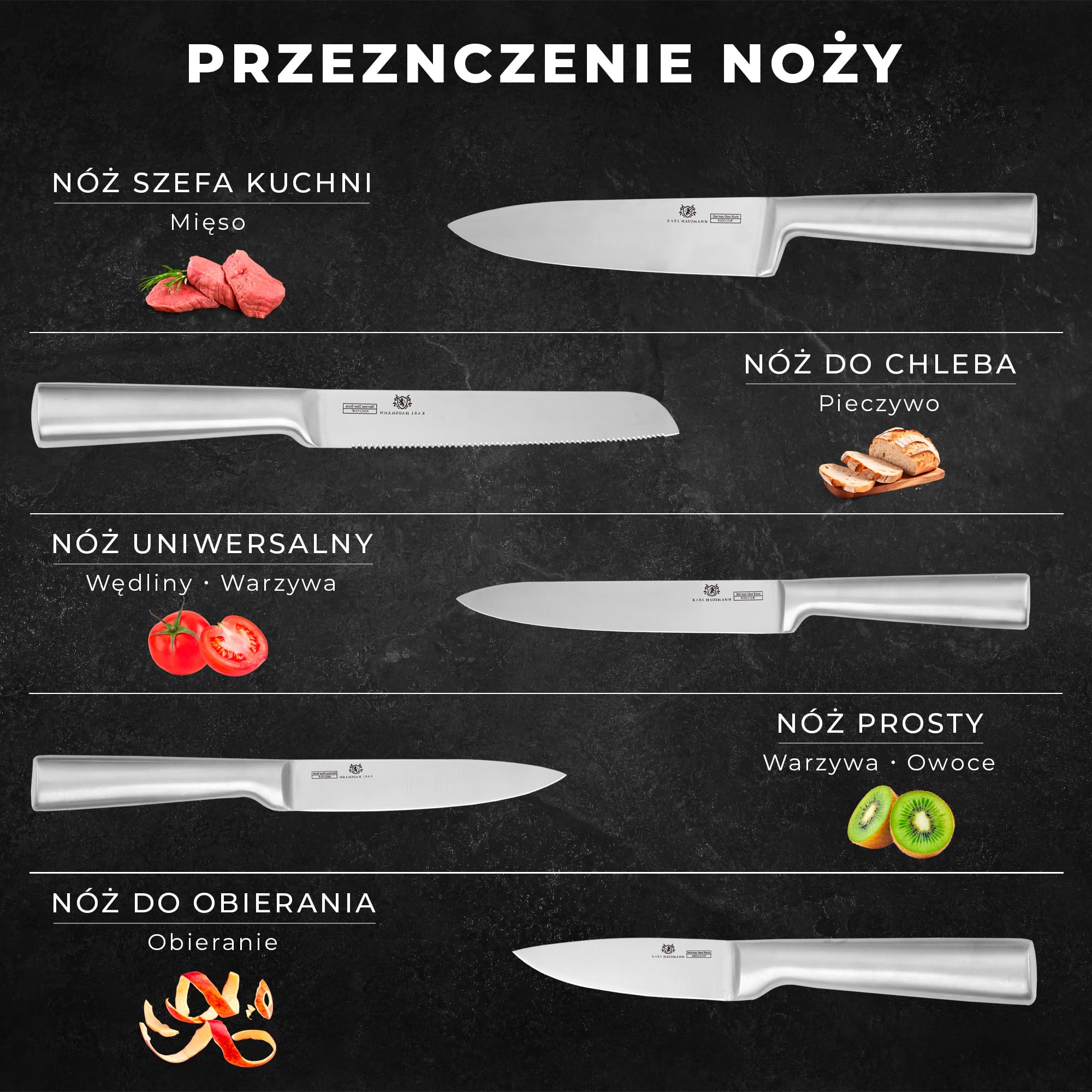 KARL HAUSMANN Zestaw 5 Noży Kuchennych - Noże Stal Nierdzewna X30Cr13 - Nóż Szefa Kuchni, do Chleba i Warzyw - Komplet Noży Kuchennych