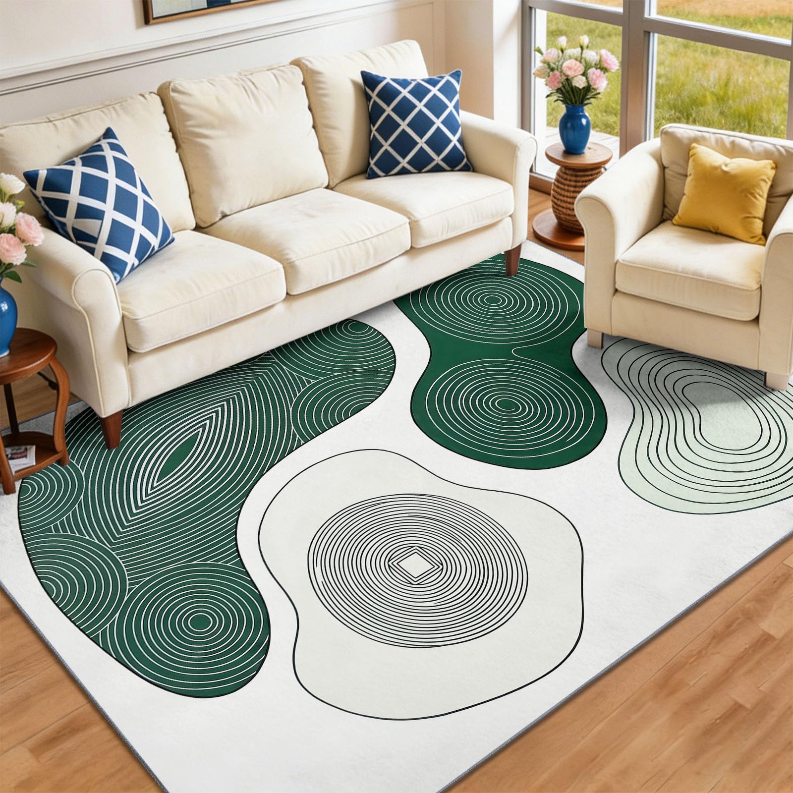 Konzentrische Ringtextur Kinderzimmer Teppich, Modern Abstrakt Stil, Deko-Teppiche für Wohnzimmer Esszimmer Schlafzimmer Küche, 80 x 150 cm Weiß Grün
