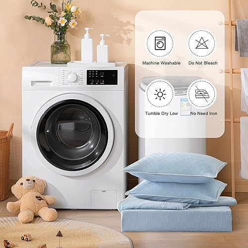 Miniatura 7 de ENJOHOS Juego de funda de edredón azul de tamaño individual con textura, funda de edredón de gofre tejida con hilos de seda suaves, juego de funda