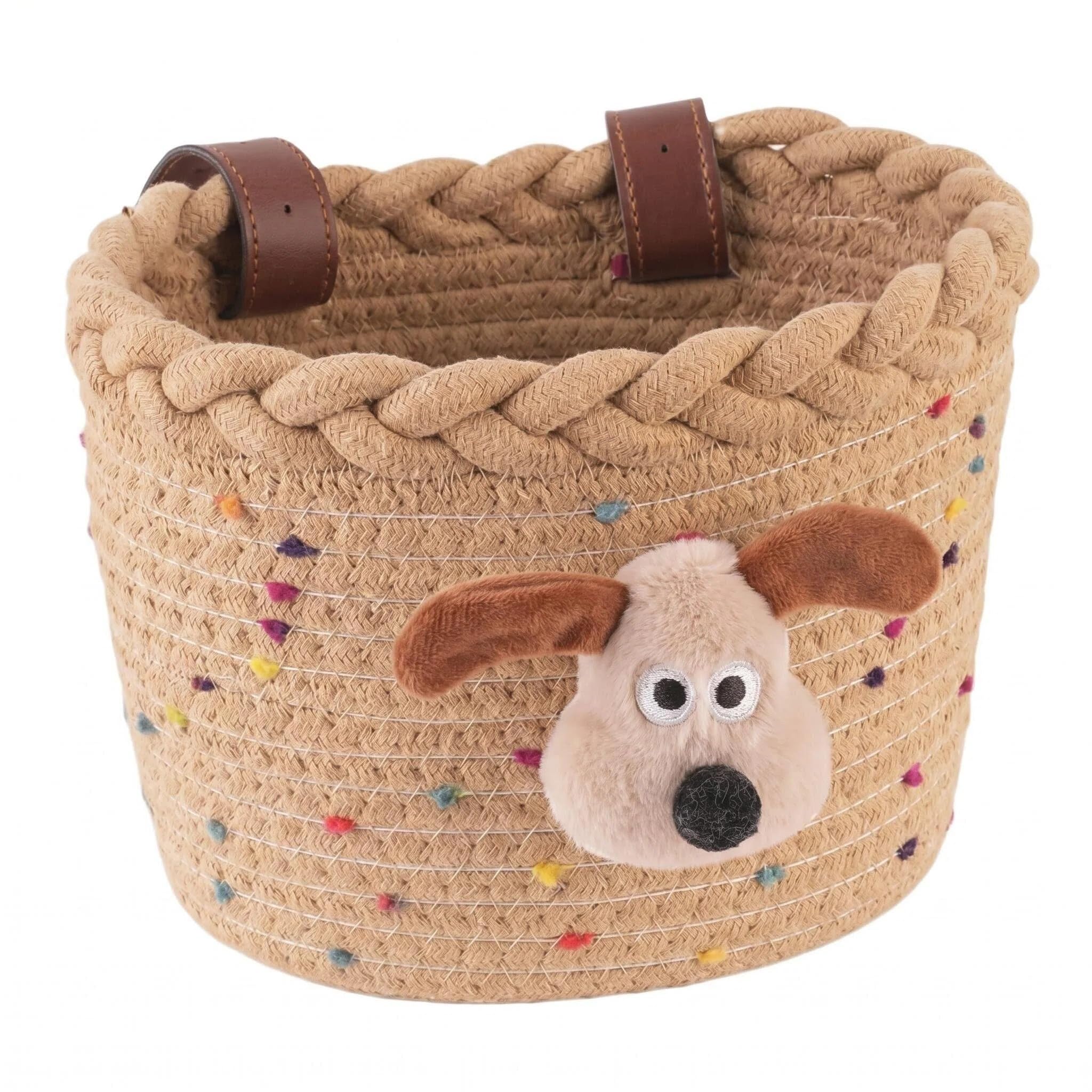 BRTNUP Kids Bike Basket, Cotton Rope Woven Front Bike Basket with 3D Plush Dog Large Capacity Bicycle Storage Basket with Adjustable Leather Straps Cute Basket for Bike Scooter Balance Bike (Khaki)