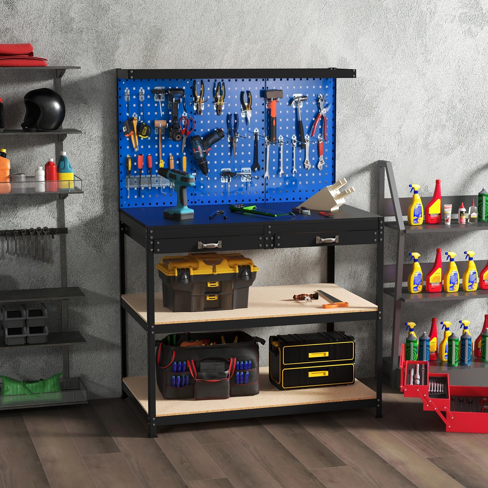 GYMAX Werkbank mit Lochwand, Arbeitstisch mit 24 Werkzeughaken, 2 Schubladen & offenen Regalen, Werkzeugbank bis zu 230 kg belastbar, robuste Werktisch für Garage, Werkstatt & Zuhause (Blau)