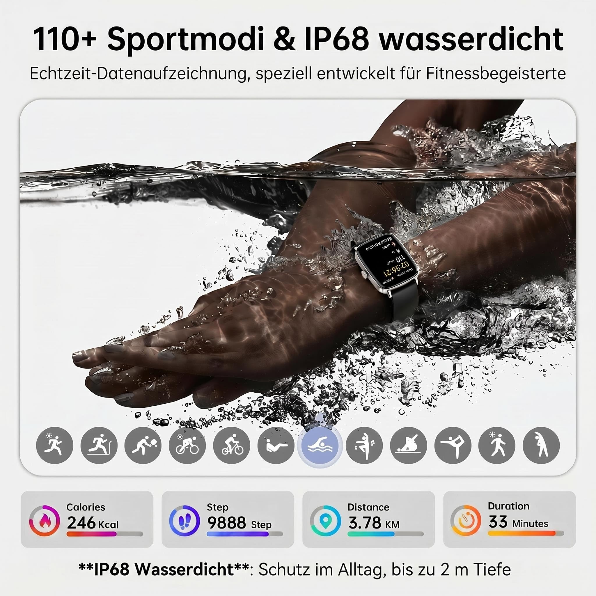 Smartwatch Herren Damen, 1.85" Smart Watch mit Telefonfunktion, Fitnessuhr mit Pulsuhr Schlafmonitor SpO2, 110 Sportmodi Fitness Tracker,IP68 Wasserdicht Schrittzähler Sportuhr für Samsung/iOS/Android