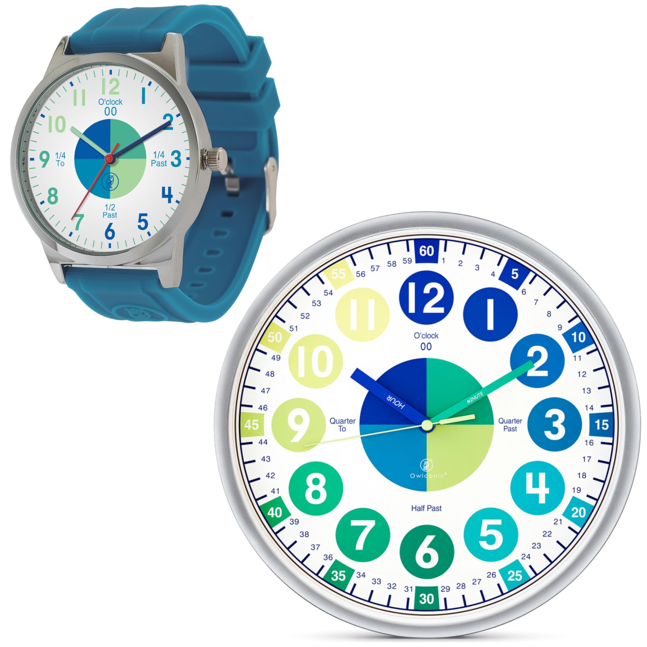 OWLCONIC Telling Time Teaching Clock - Bundled with Kids Watch. Learn to Tell Time Resources. Cool Marine Blue