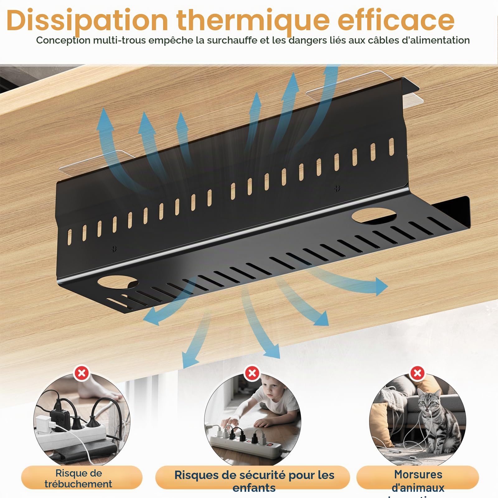 Plateau de Gestion de câbles sous la Table, Chemin de Cable Management Bureau, Rangement Cable Bureau, Support multiprise sous Bureau, Chemin de Cable Bureau, Noir