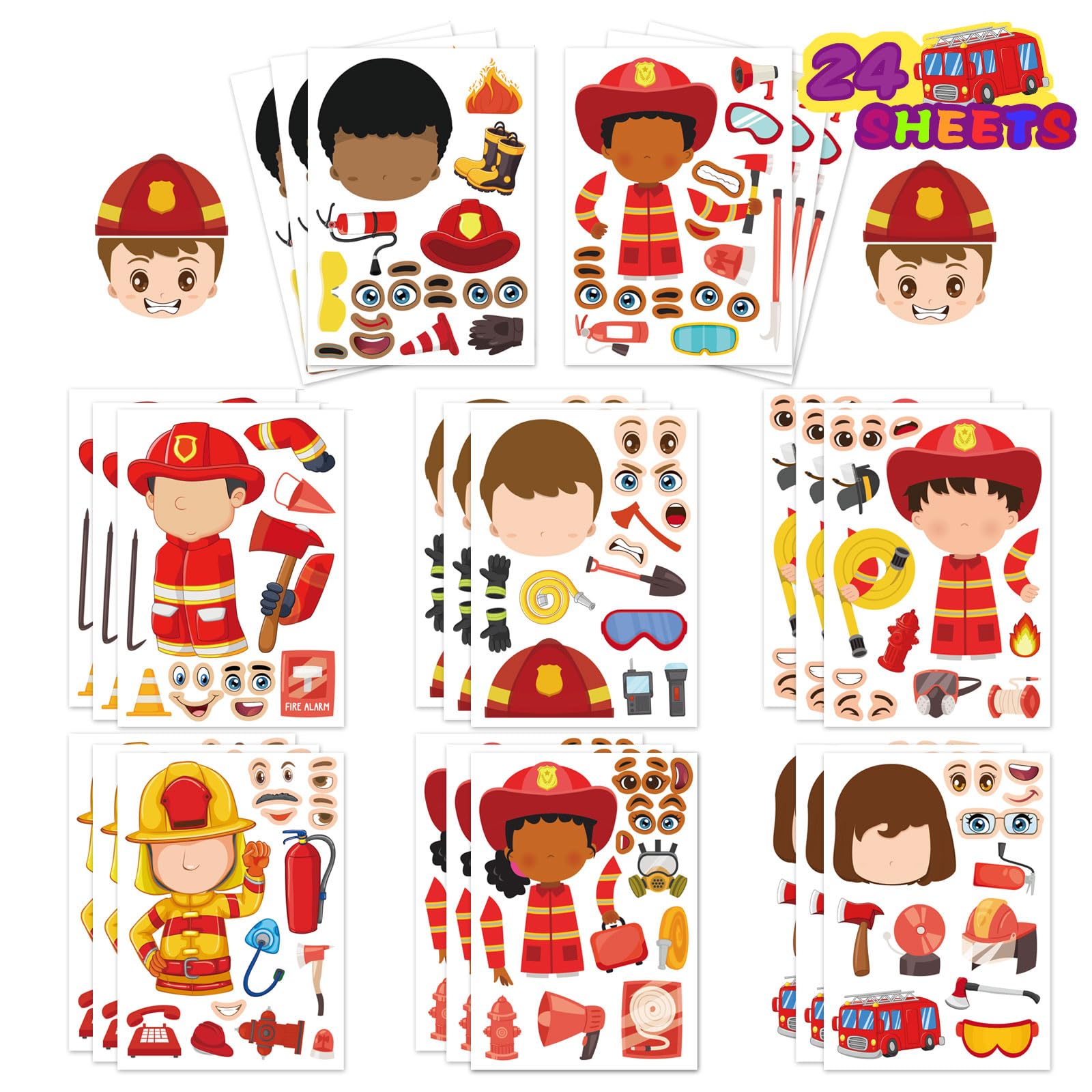24 Sheets Firefighter Stickers for Kids, Make-a-face Fireman Stickers Sheets, Fireman Themed Sticker Party Favor Supplies Craft School Fire Education Teacher Reward