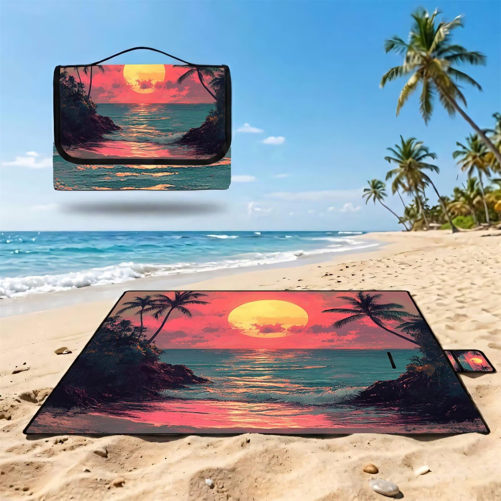 Couverture Pique Nique 200x200cm,Outdoor Couverture Imperméable,Pliable Tapis de Plage Dos en PVC,Grande Picnic Blanket pour Camping Accessoires,Jardin,Parc,Famille - Coucher de Soleil,mer UZ-155
