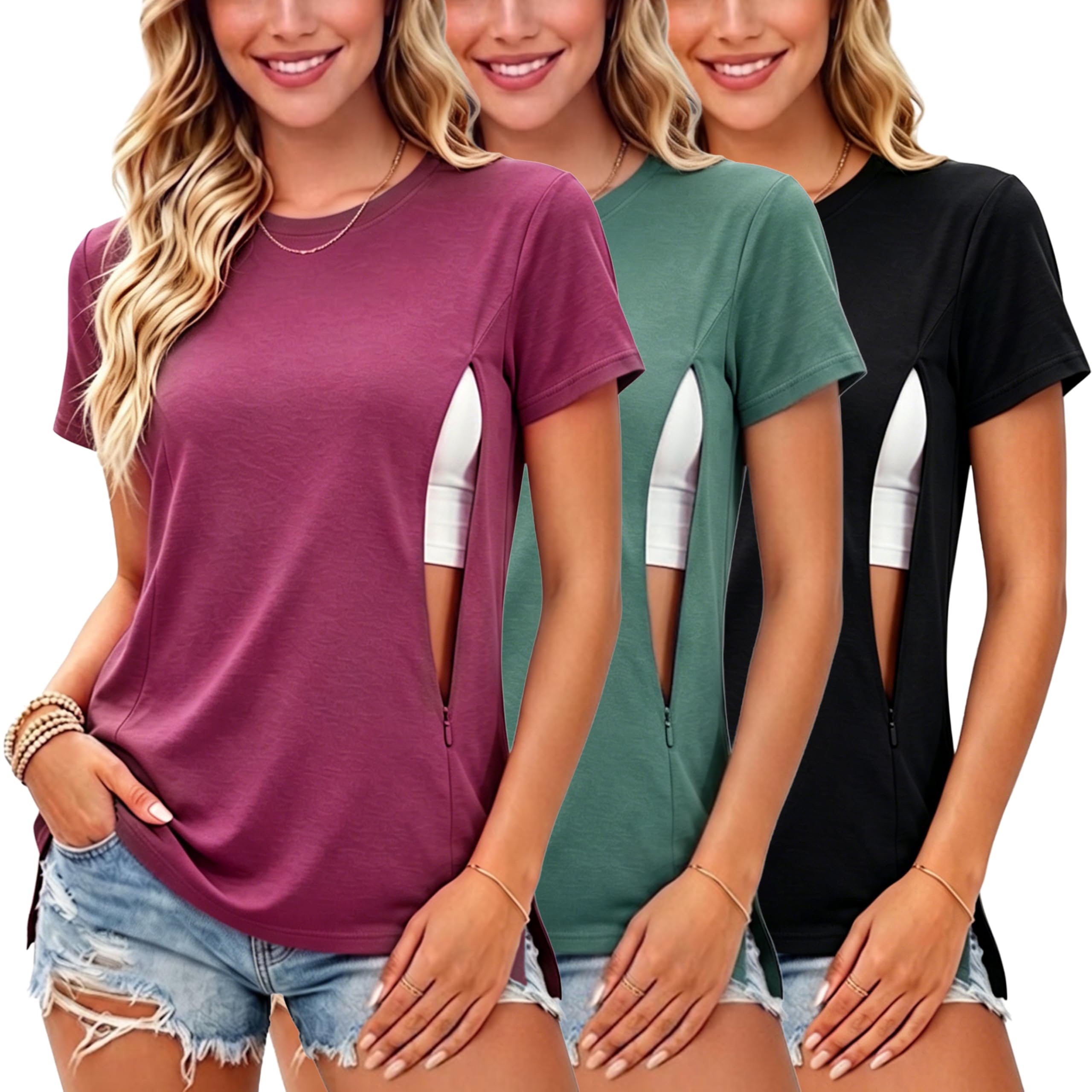 Ecavus 3er Pack Damen Stillshirt mit Verstecktem Reißverschluss Mode Seitenschlitze Stilltee Kurzen Umstandsmode