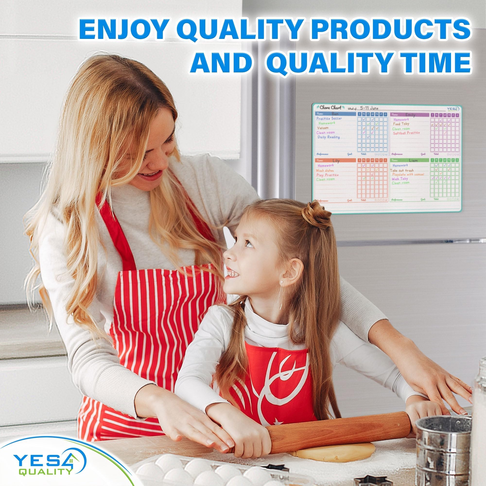 Yes4Quality Magnetyczny wykres zadań suchościeralnych - 48 cm x 33 cm - Tabela zachowań dla wielu dzieci - Lista kontrolna cotygodniowych obowiązków rodzinnych - Odporny na plamy planer na lodówkę z 5