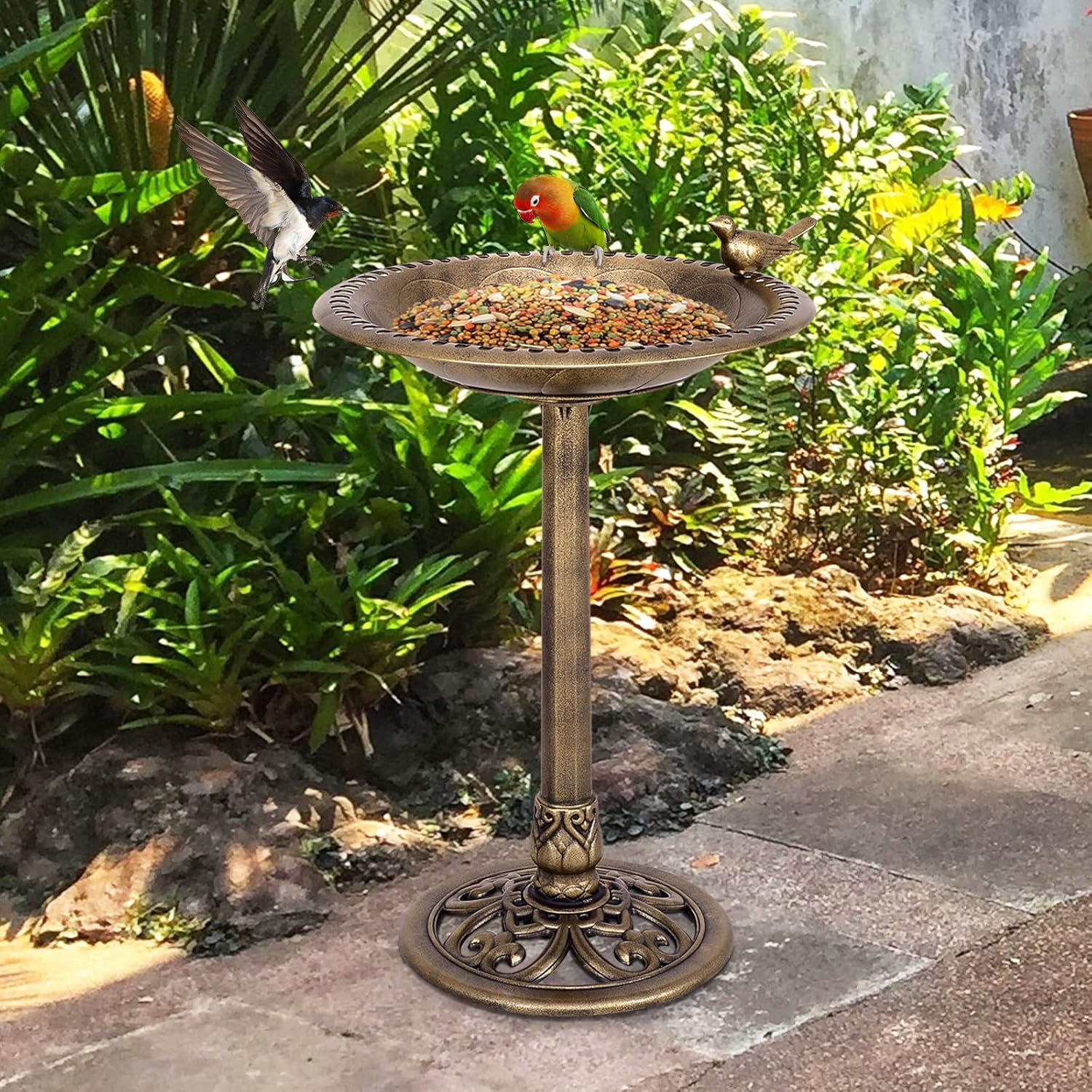 Giantex 28 Inch Height Pedestal Bird Bath, Vintage Standing Birds Feeder w/Antique Flower & Bird Decoration, Lightweight, Birds Baths for Outdoors Garden Yard Patio Decor (Copper)