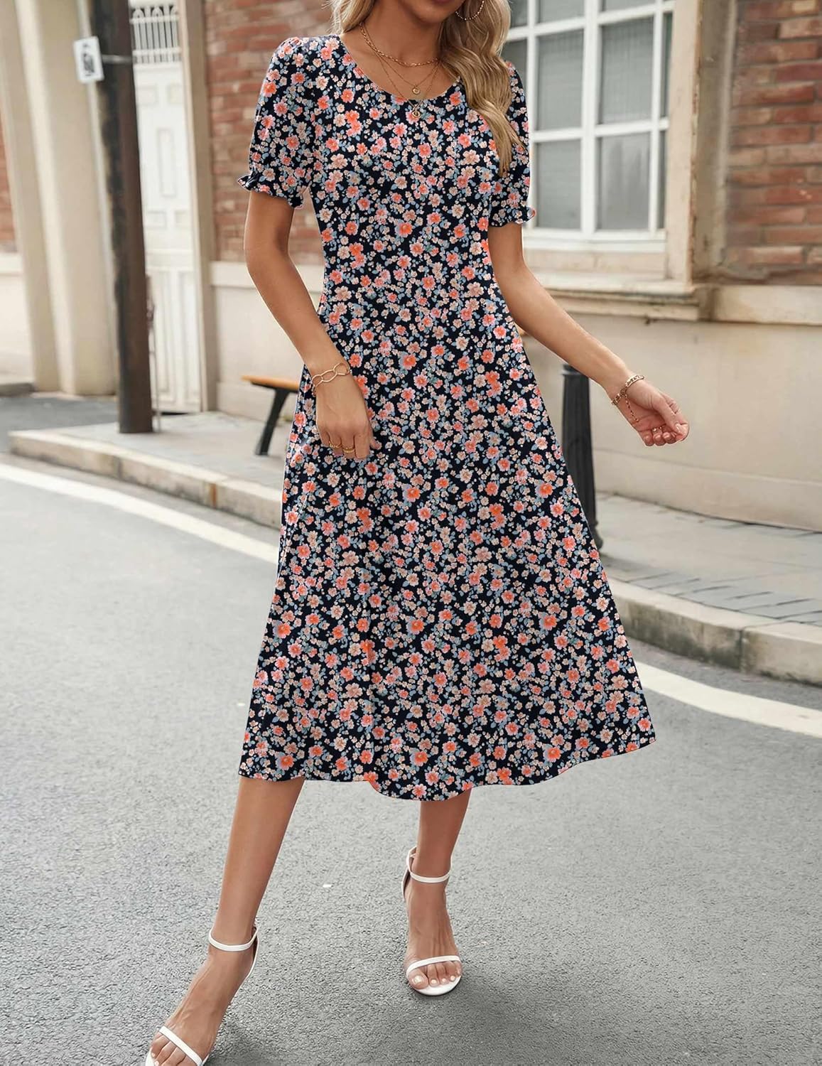 Zeagoo Womens Summer Dress Casual Midi Dresses 2026 Short Puff Sleeve Flare Dress Pleated Flowy Sundress with Pockets - Image 6