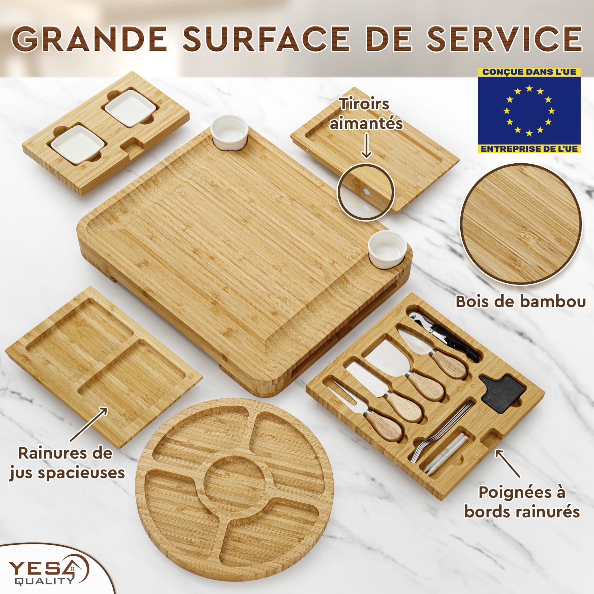 Coffret cadeau premium de planches à charcuterie - 23 pièces, bambou - Grande planche à fromage + plateau pour la fête des Mères, un anniversaire, une pendaison de crémaillère, une fête prénuptiale