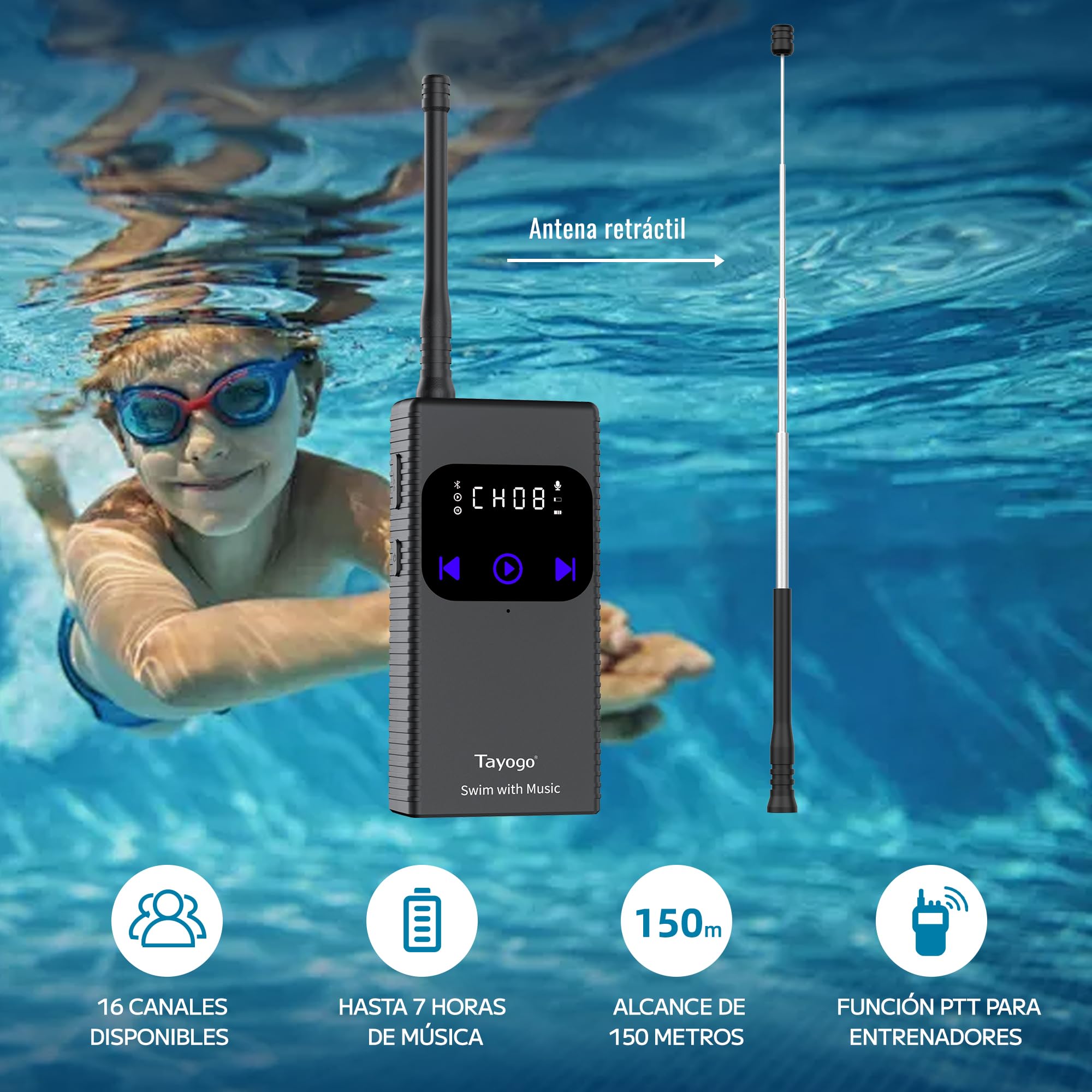 Tayogo Auriculares Natacion - Transmisor inalámbrico, Ideal para Spotify y Audible | Dispositivo de Comunicación para Entrenadores de Natación | Auriculares Conduccion Osea