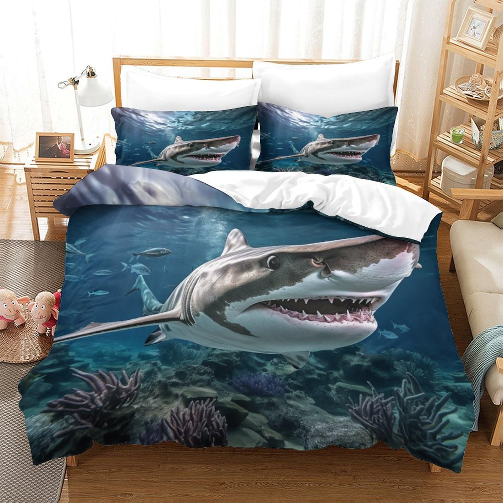 Housse de couette requin 260x220 cm avec taies d'oreiller en microfibre pour lit super king