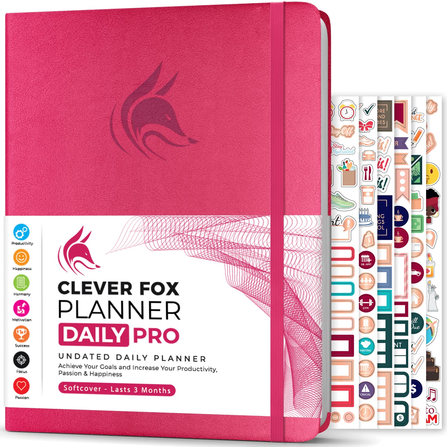Clever FoxPlanner Daily PRO - 8.5 x 11" A4 Size Daily Life Planner and Gratitude Journal to Increase Productivity, Time Management and Hit Your Goals - Undated - Lasts 3 Months (Dark Pink)