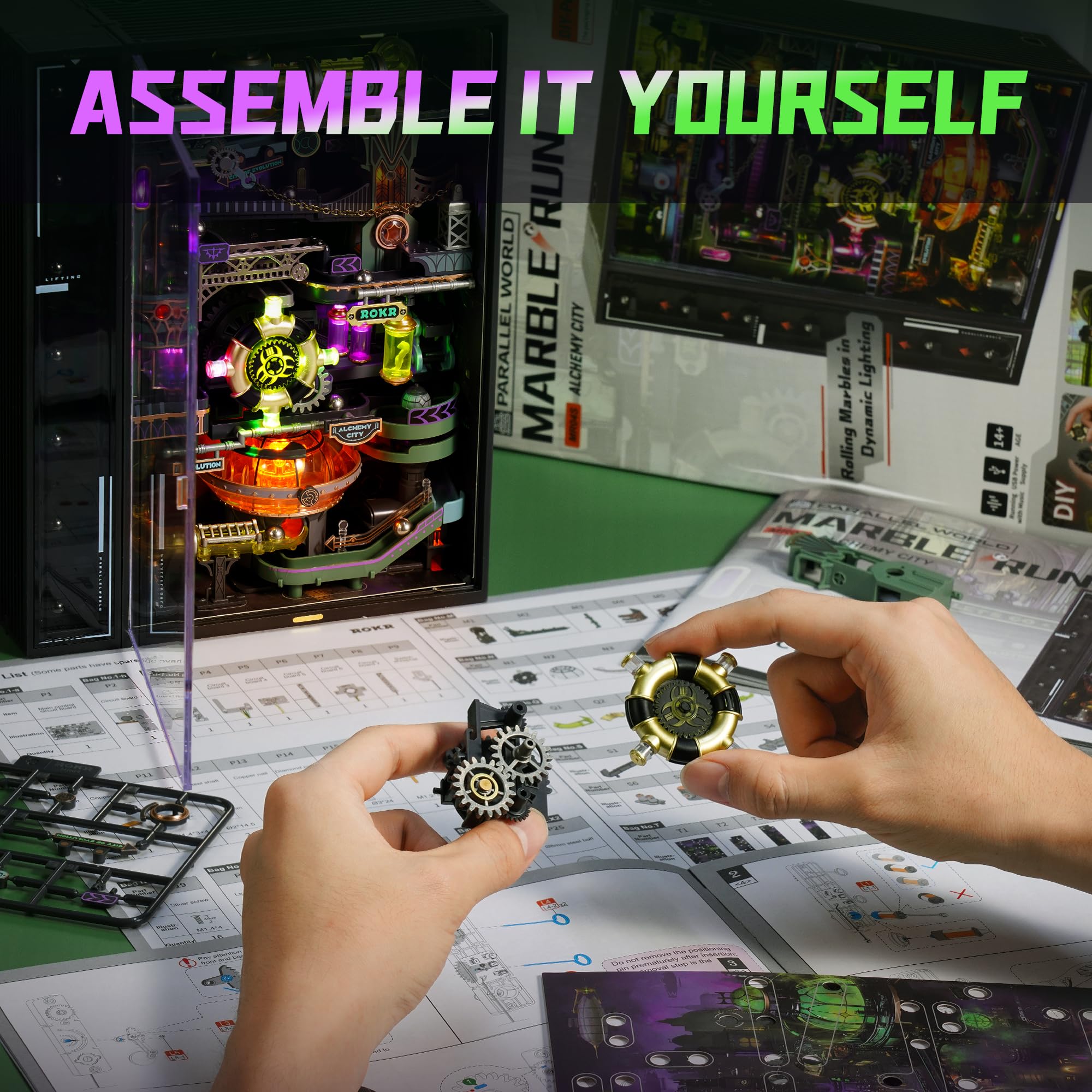 ROKR Kugelbahn 3D Puzzle Erwachsene Modell Alchemy City Gaming Deko Setup Erweiterungsfähige Kits Cyberpunk Geschenkidee für Männer-Parallel World MR04S
