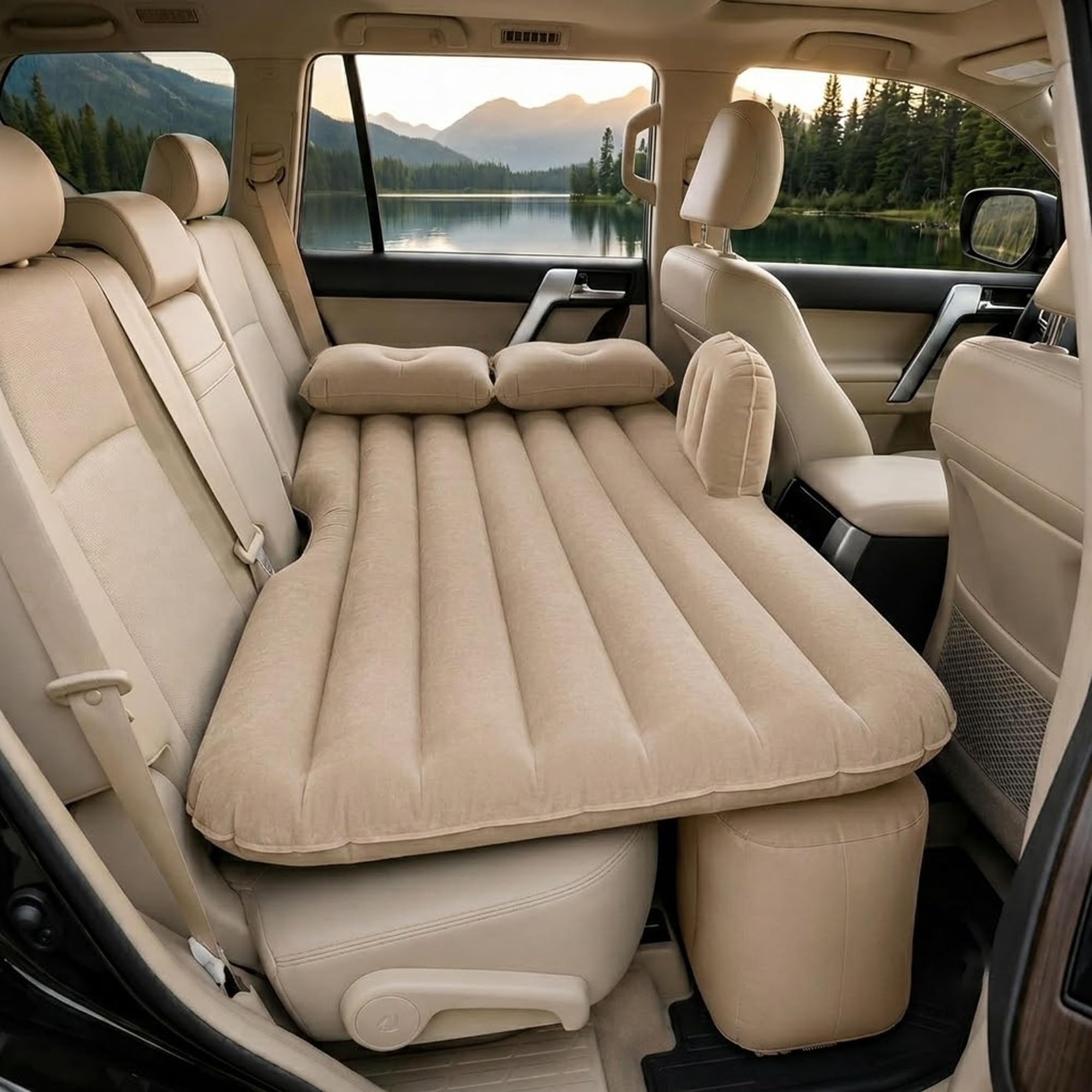 EYUVAA LABEL Inflatable Car Air Mattress with Electric Air Pump, Car Back Seat Travel Bed, Universal Fit for SUV, Sedan & Hatchback, 2 Air Pillows, Camping, Road Trip & Outdoor (Beige)-image-10