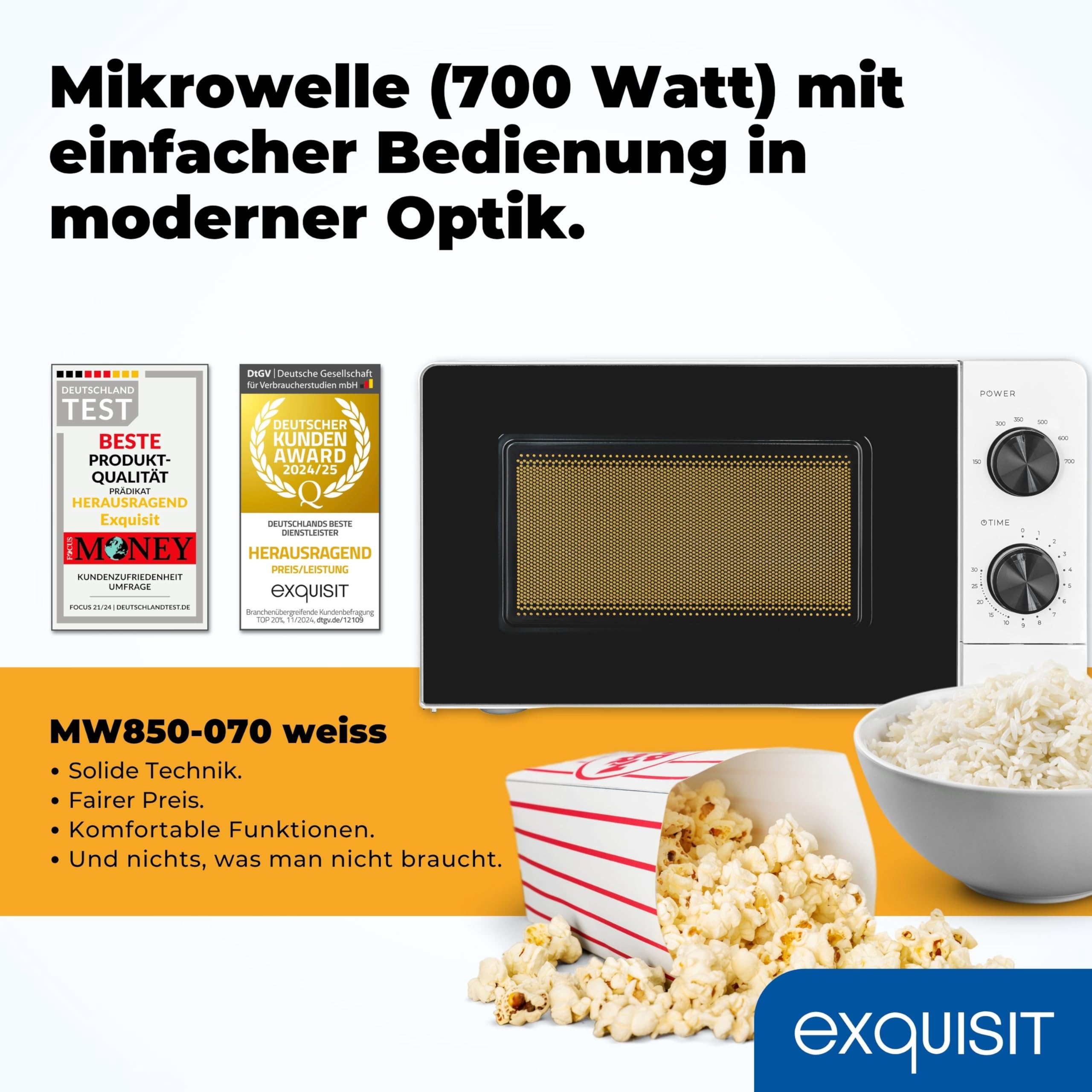 Exquisit Mikrowelle 20 l 700 W 6 Leistungsstufen Mechanische Drehregler Auftau-Programm Glas-Drehteller 245 mm