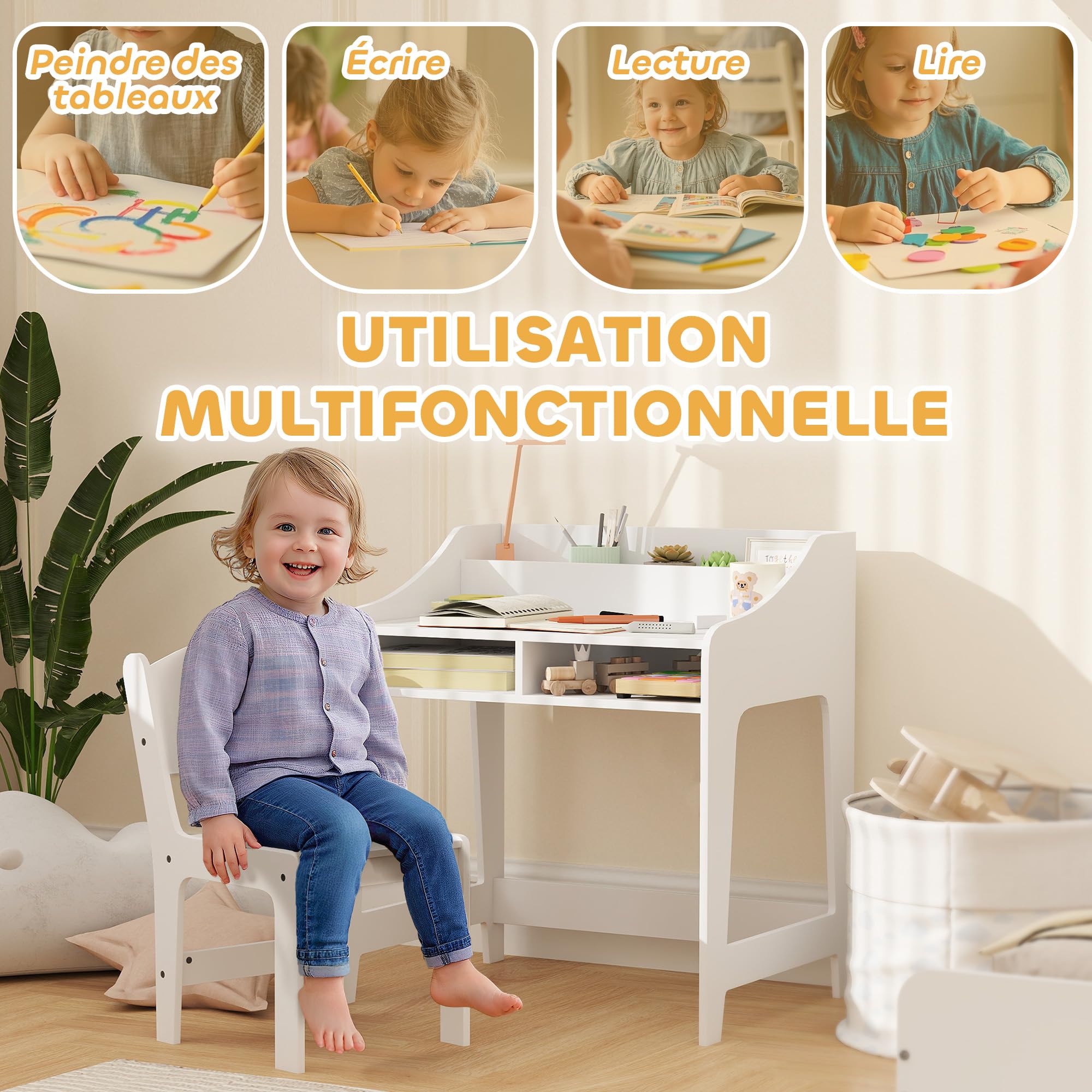 AIYAPLAY Conjunto de Escritorio y Silla para Niños de 3 a 8 Años con Compartimentos Abiertos y Estantes para Dormitorio, Sala de Juegos, Habitación, Blanco