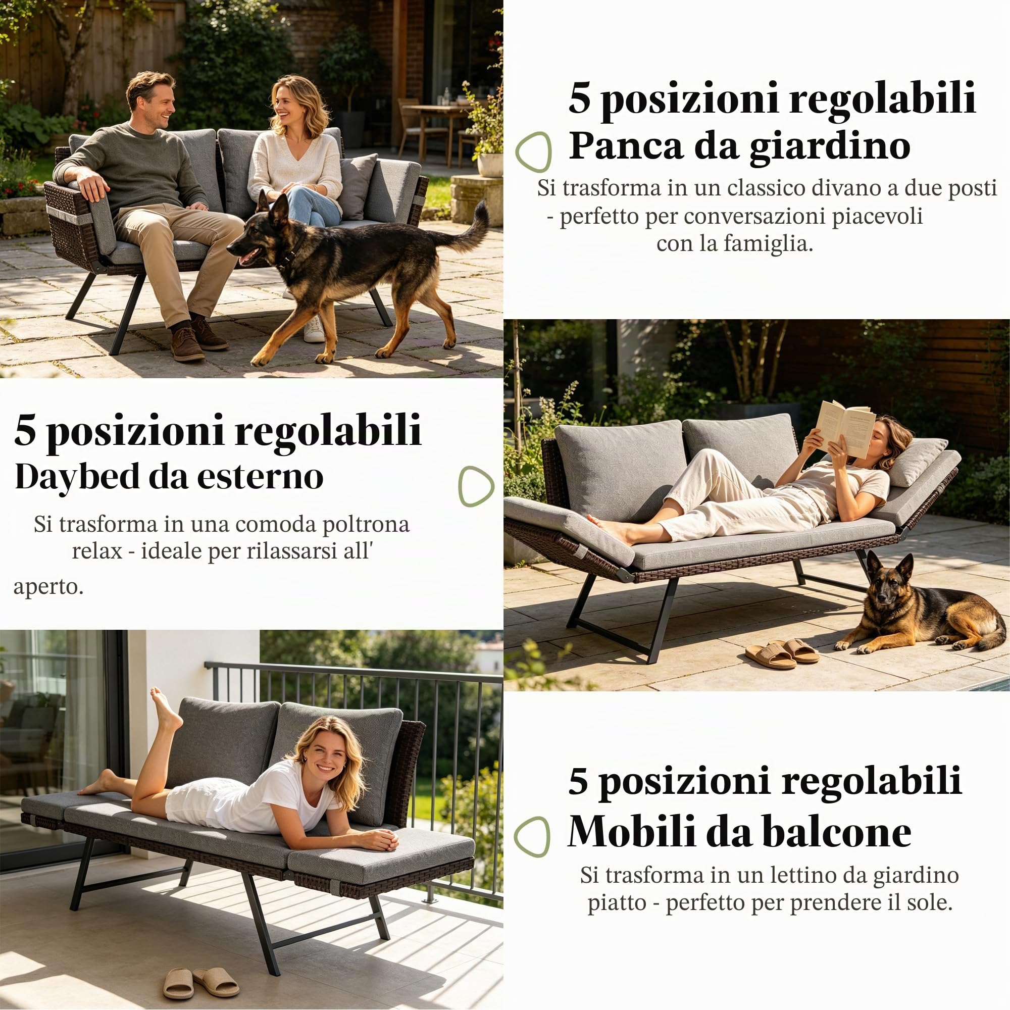 Fiutazge Divano Esterno in Polyrattan con Braccioli Regolabili,Divano Letto Convertibile 2 Posti con Cuscini Morbidi,Panchina da Esterno per Giardino, Balcone, Terrazzo e Portico-Grigio
