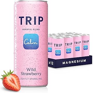 TRIP Wild Strawberry Sparkling Drink with 120MG calming Magnesium + Lion’s Mane + Chamomile + Lemon Balm. Low Calorie, No Added Sugar and Vegan (Pack of 12 x 250ml)