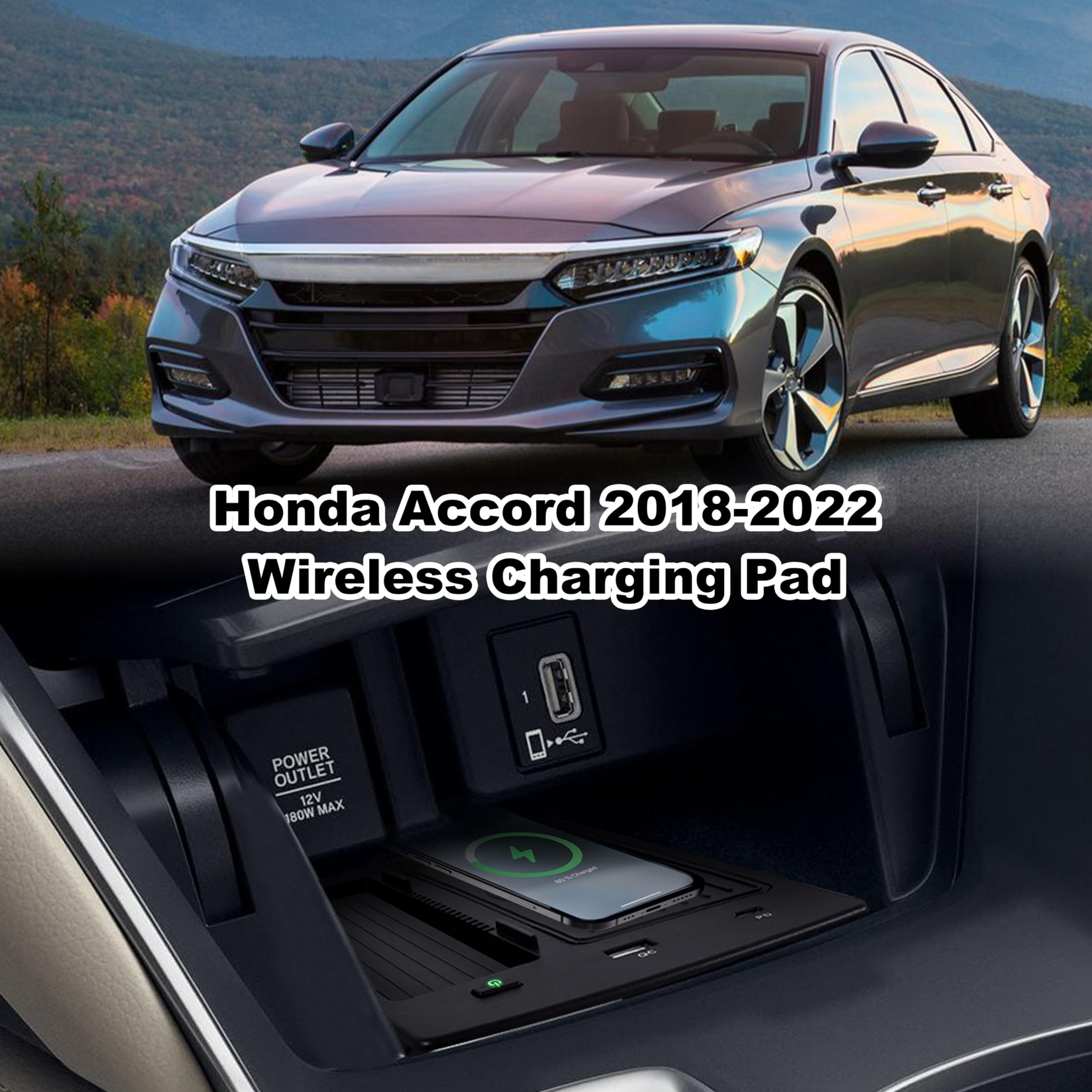 LDETXY Fast Wireless Charger for Honda Accord 2018-2022, Car Wireless Charging Panel with USB-A USB-C Center Console Organizer for 2018 2019 2020 2021 2022 Honda Accord Accessories