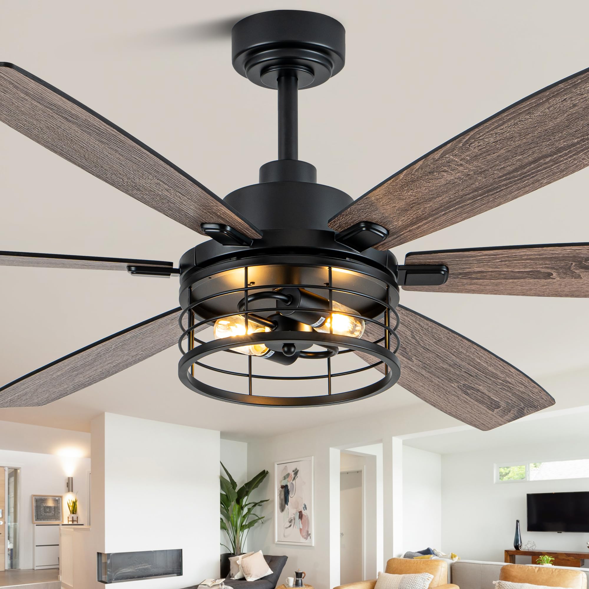 60" Farmhouse Ceiling Fan with Lights Remote, Rustic Ceiling Fan