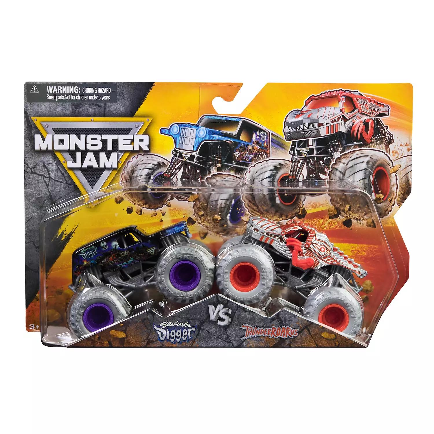 Monster Jam 1:64 Scale 2-Pack – Son-uVa Digger vs ThunderROARus, Series 32 (2024 Edition) – Official Spin Master Monster Trucks, Die-Cast Set for Kids Ages 3 and Up