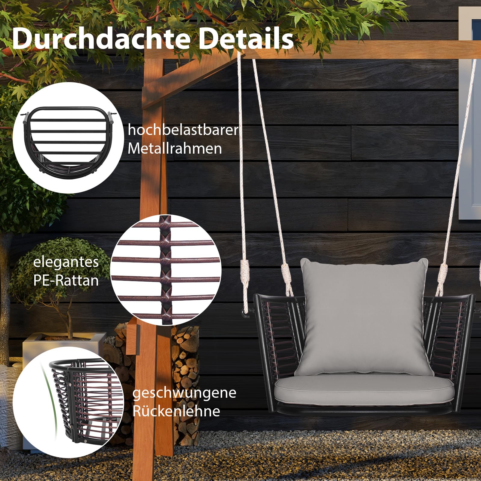 COSTWAY Fotel wiszący, rattanowy, obciążenie do 180 kg, fotel wiszący z poduszkami, metalową ramą i linami wiszącymi, fotel bujany, na werandę, do ogrodu, na podwórko (kolor szary)