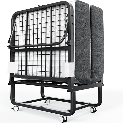 VERMESS Cama plegable con colchón de espuma viscoelástica de 5 pulgadas, cama plegable de 75 x 32 pulgadas con marco de metal resistente en ruedas,