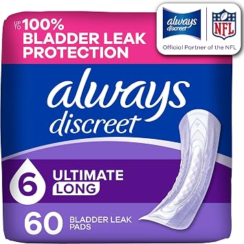 Always Discreet Adult Incontinence Pads for Women, Drier, 6 Drop Long Length, Extra Heavy Absorbency, Pads for Bladder Control Management, Bladder Leaks, Postpartum Pads, 60ct