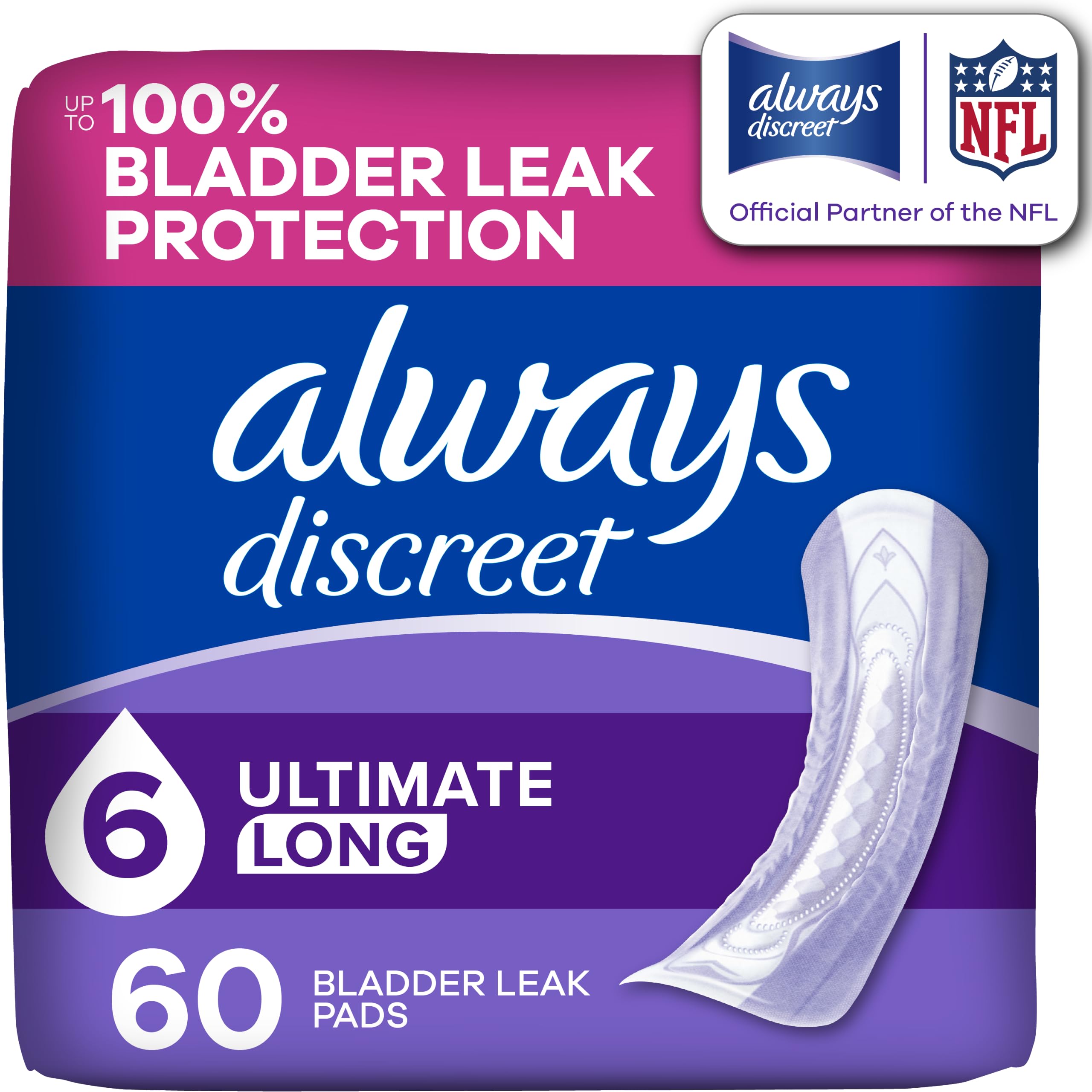 Photo 1 of Always Discreet Adult Incontinence Pads for Women, Drier, 6 Drop Long Length, Extra Heavy Absorbency, Pads for Bladder Control Management, Bladder Leaks, & Postpartum Pads, 60ct