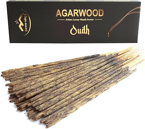 Oud Agarwood Incense Sticks - Artisan Luxury Masala Incense - Handrolled Long-Burning (75 Minutes) Extra-Thick Sticks - Exotic Divine Scent for